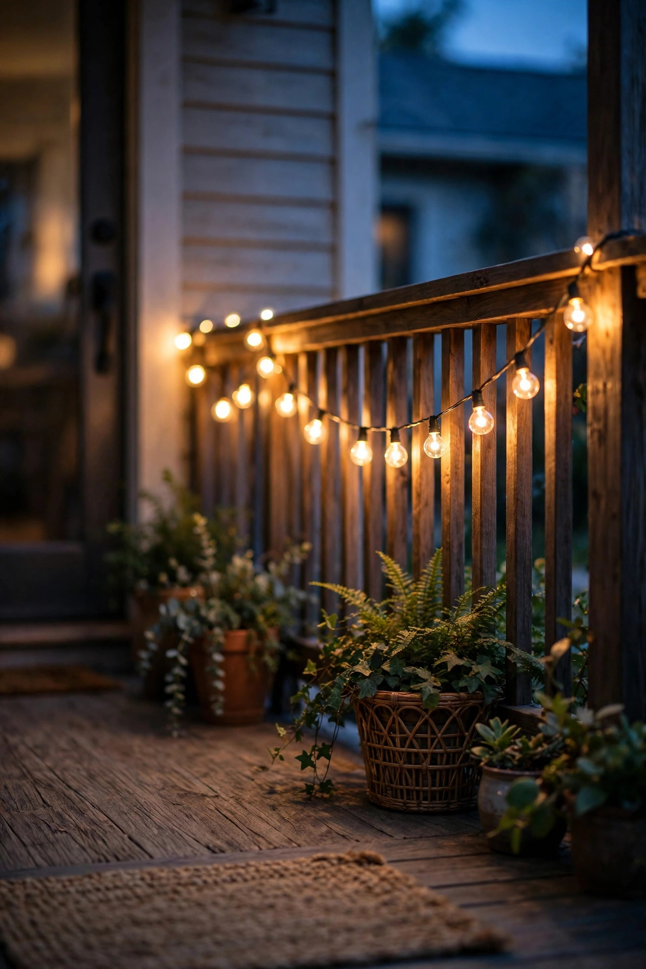 Warm string lights draped along a porch railing at dusk, cozy lifestyle glow for evening showings