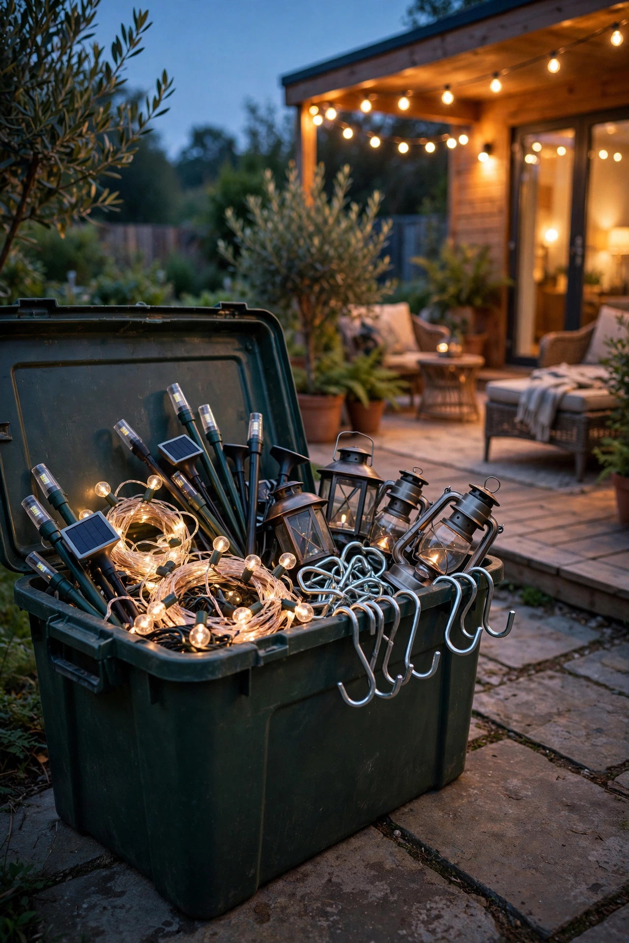 Open storage bin of portable string lights, solar stakes, lanterns and hooks beside a glowing rental patio