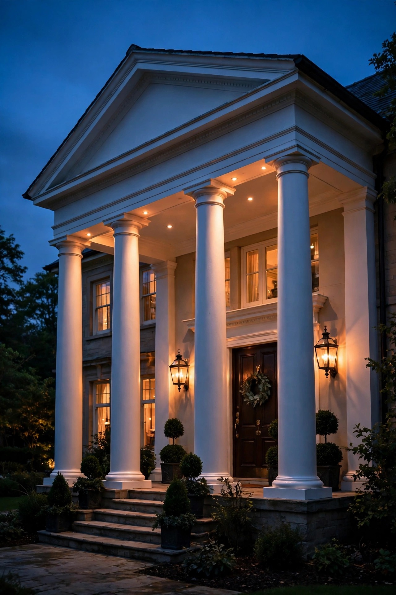 Tall white portico columns of a grand home washed in gentle warm downlight at dusk, with glowing entry lanterns and a lit facade