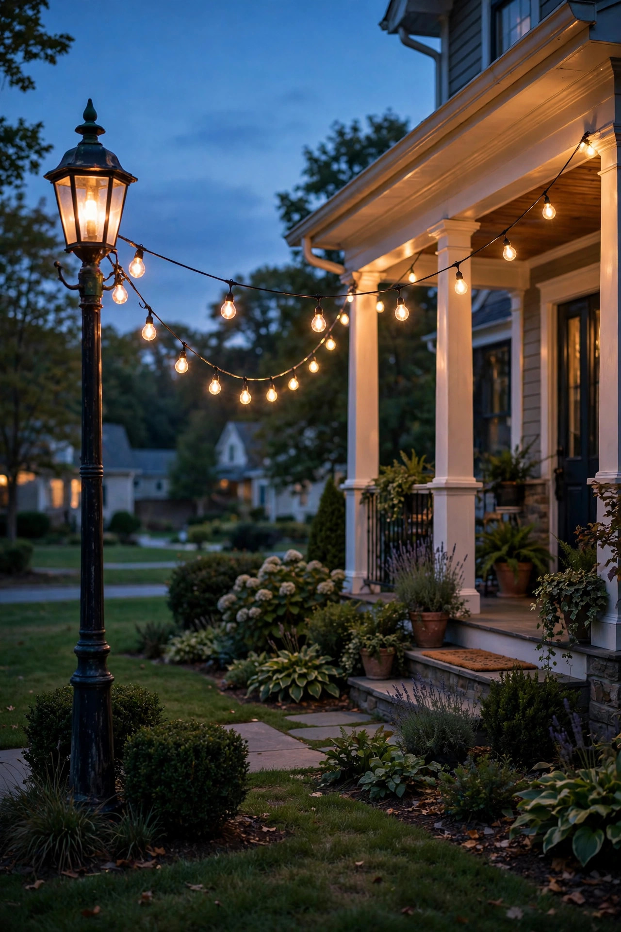 String lights swagged from a lamp post to a front porch at dusk, warm globe bulbs over the yard