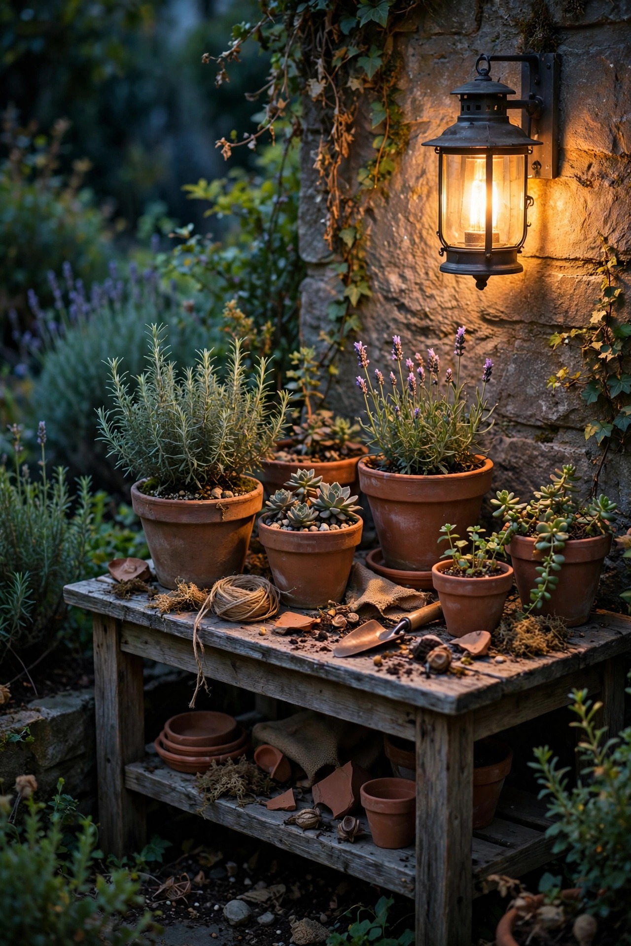 Potting bench with terracotta pots lit by a warm wall-mounted work lantern in a garden corner