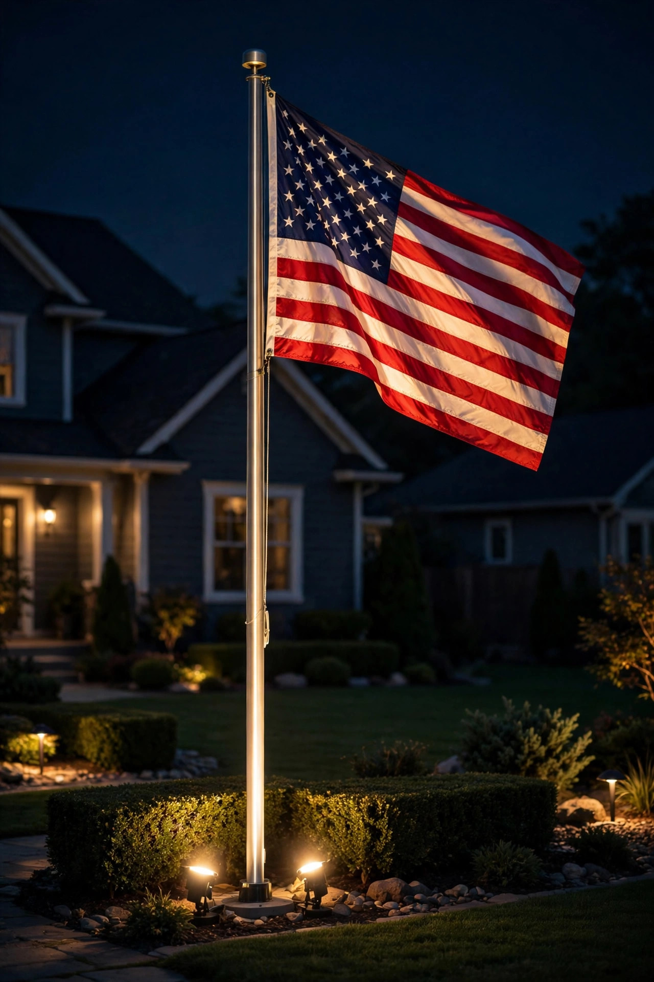 Professionally installed flagpole lighting glowing at night in a manicured front yard, American flag bright and even against the dark sky