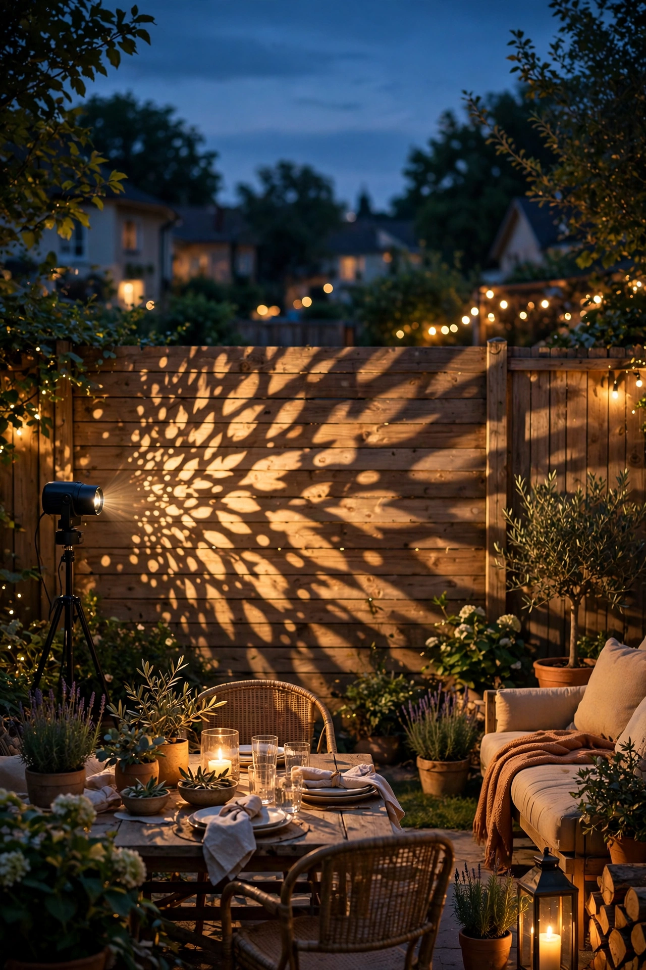 Pattern projector washing a backyard fence with leaf-patterned light for a party