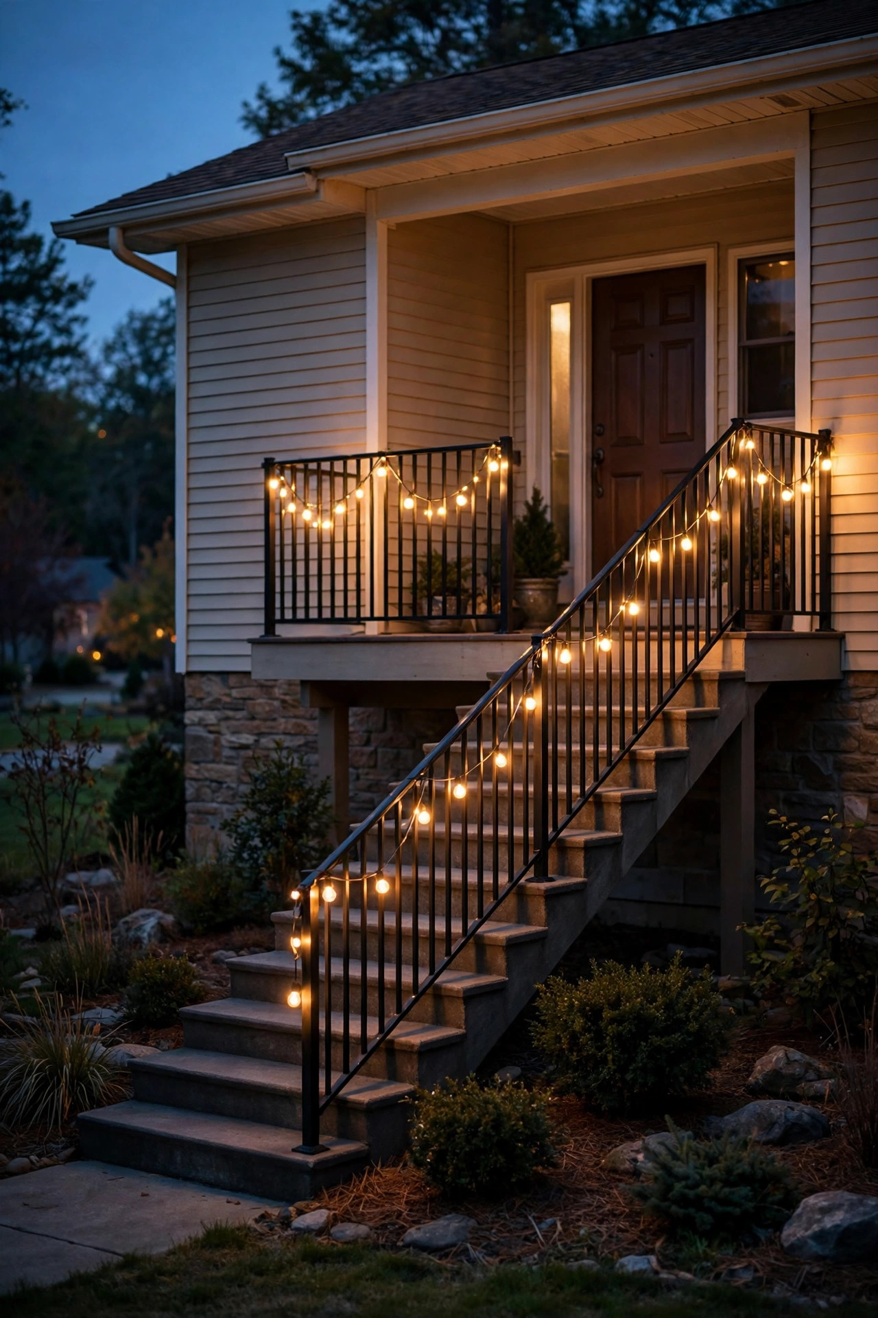 Warm string lights draped along the railing of raised ranch entry stairs and landing at dusk