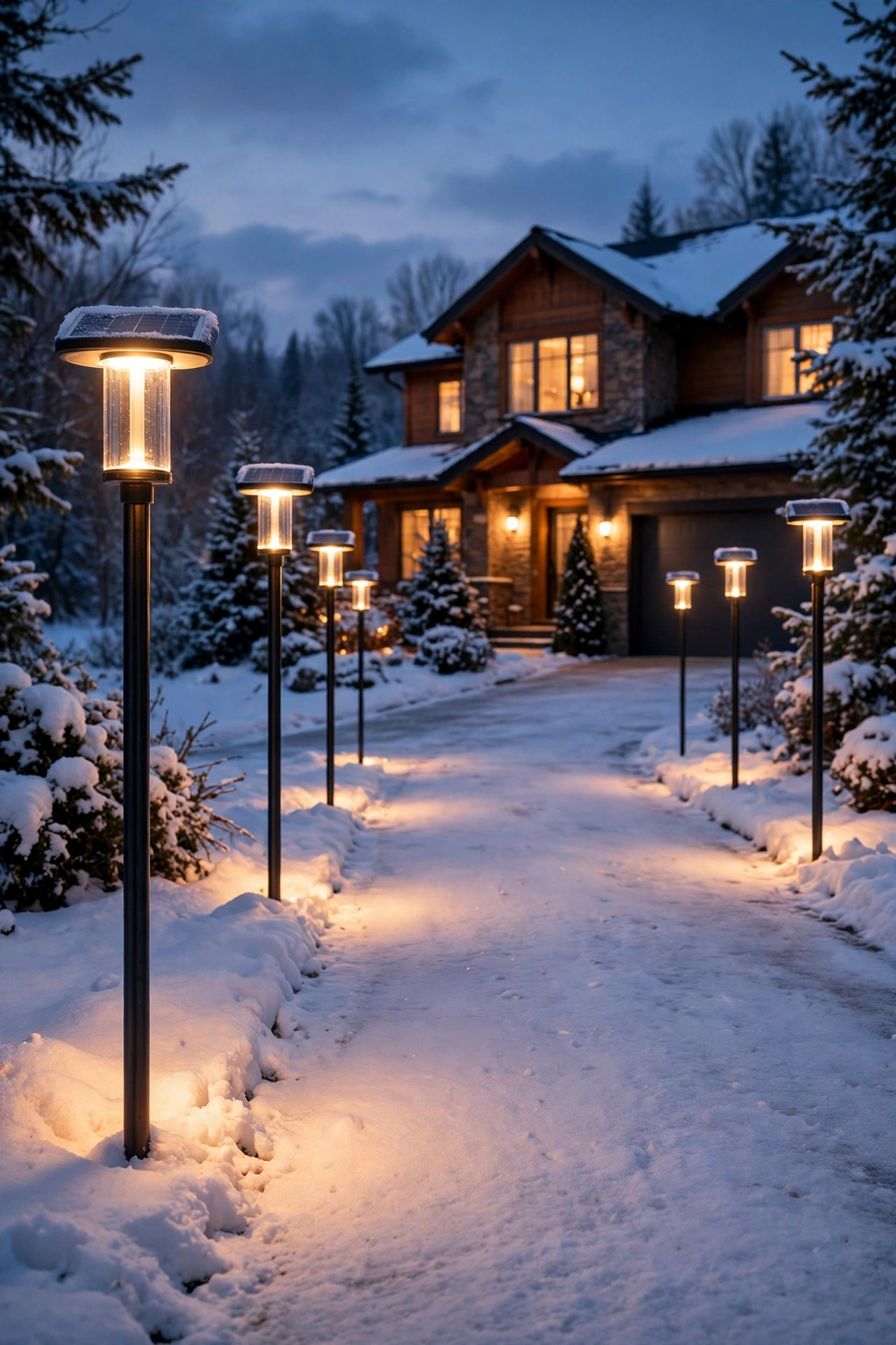 Tall raised solar driveway markers glowing above fresh snow along a winter driveway at dusk