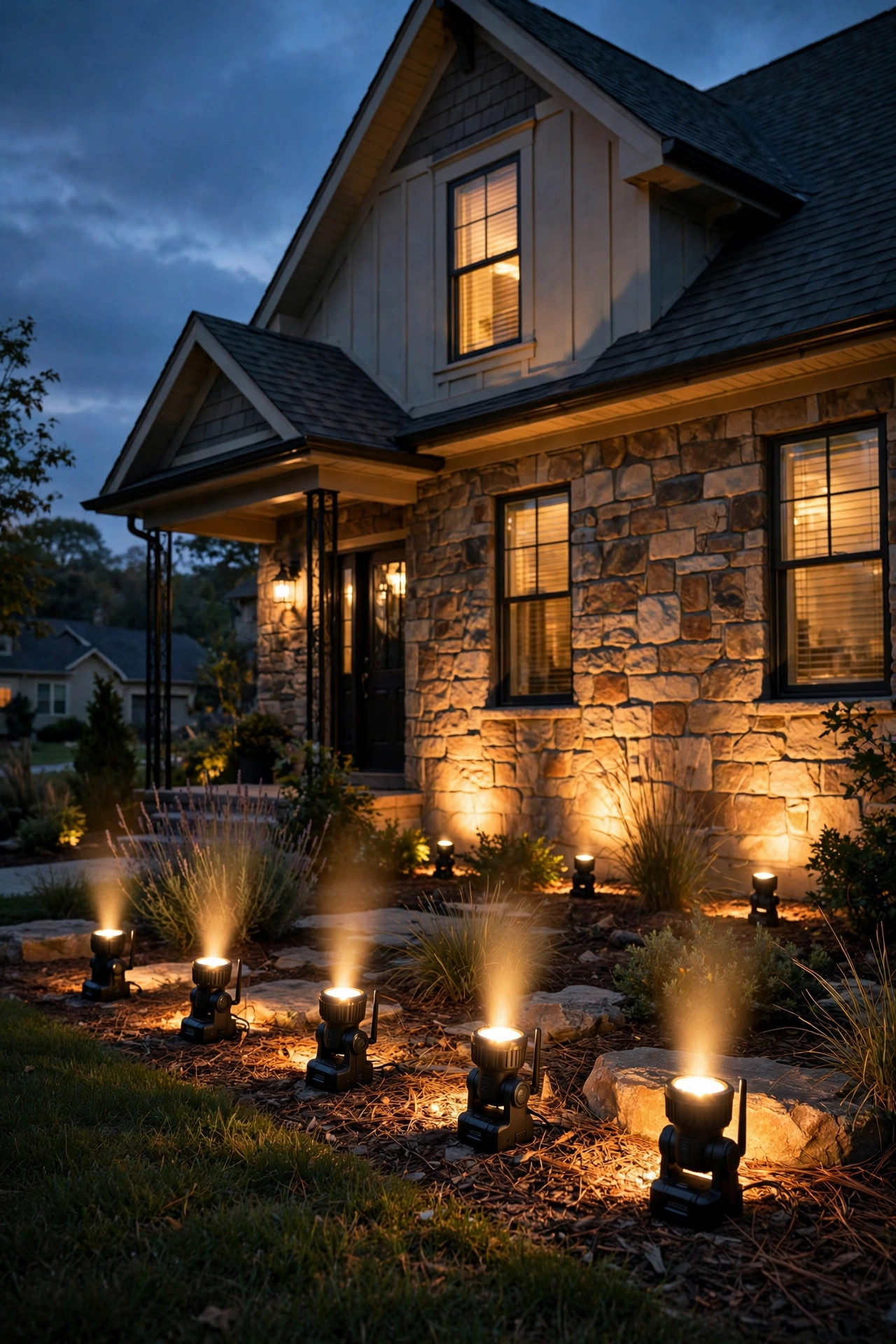 Rechargeable LED spotlights washing a home's front facade with warm light