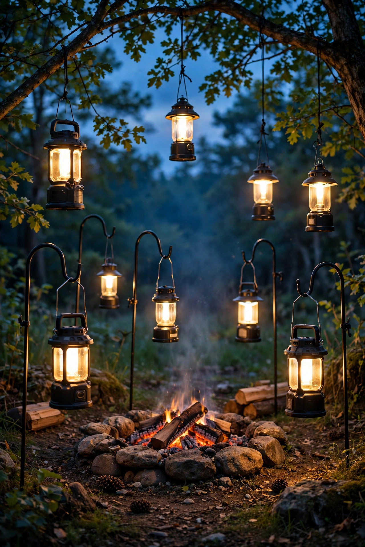 Rechargeable lanterns hanging from shepherd's hooks and tree branches around a fire pit at dusk