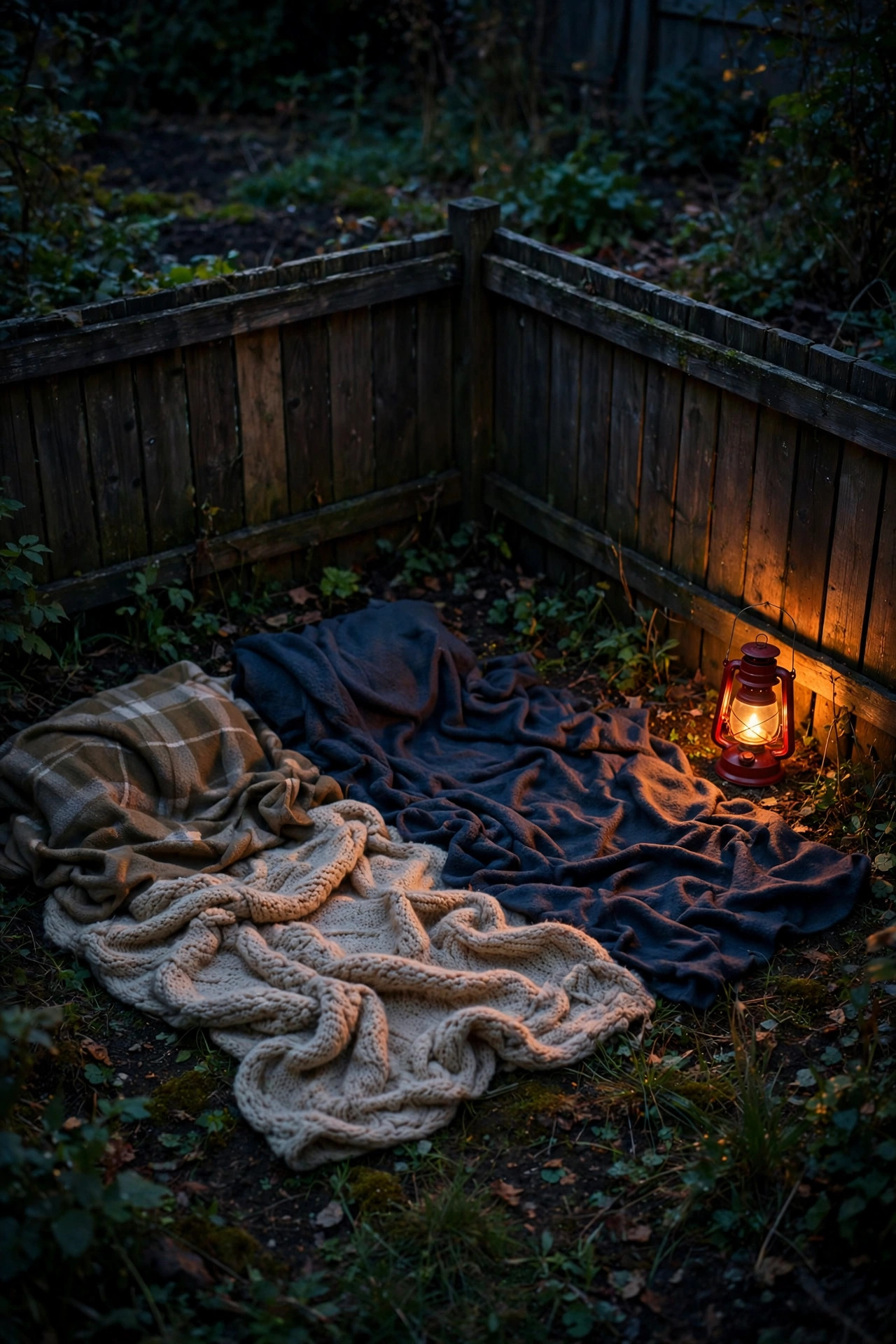 Dark backyard corner with blankets for stargazing and a small red lantern at the edge