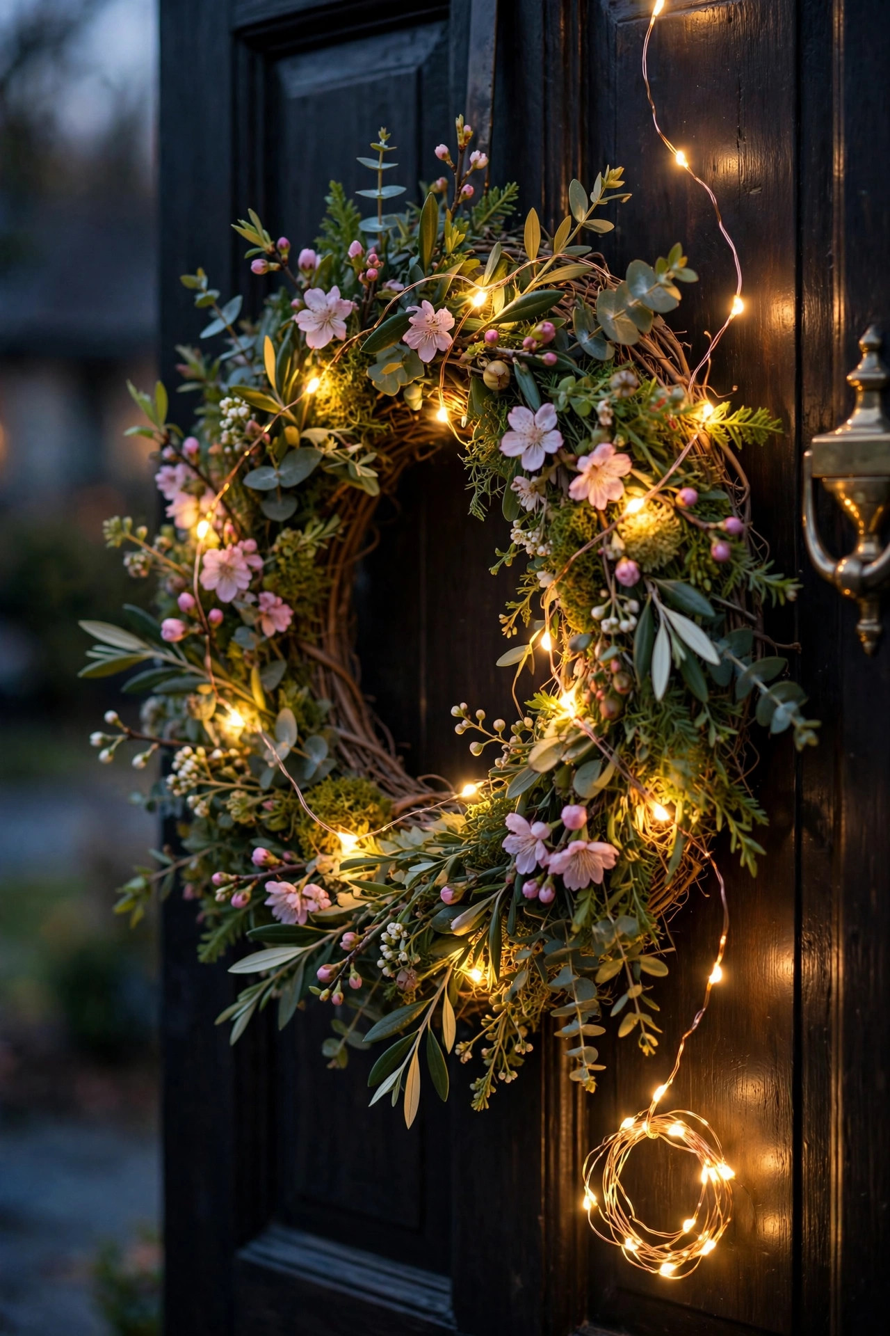 Refreshed spring wreath with a new strand of fairy lights being hung on a front door