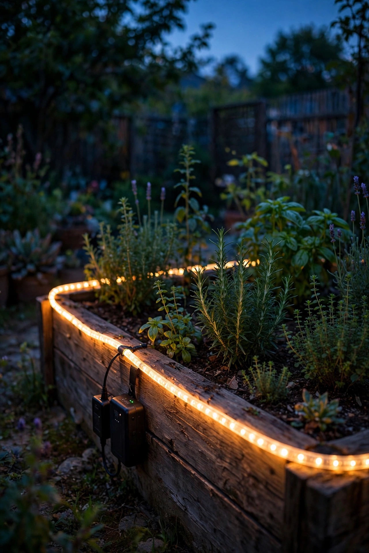 Battery powered rope light tracing a soft glowing line along the edge of a raised garden bed at dusk