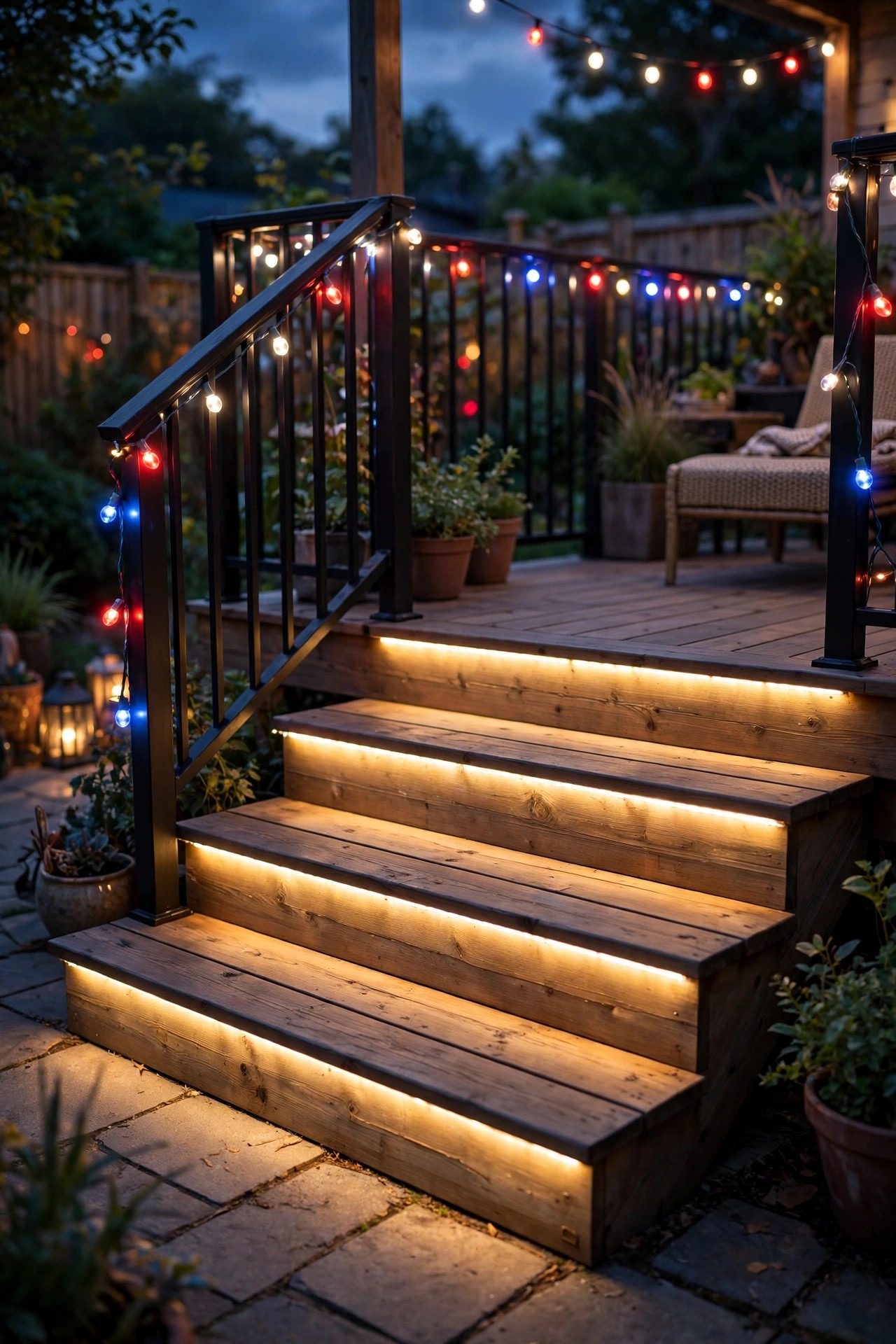 Warm white LED rope light edging deck steps for safe nighttime footing at a backyard party