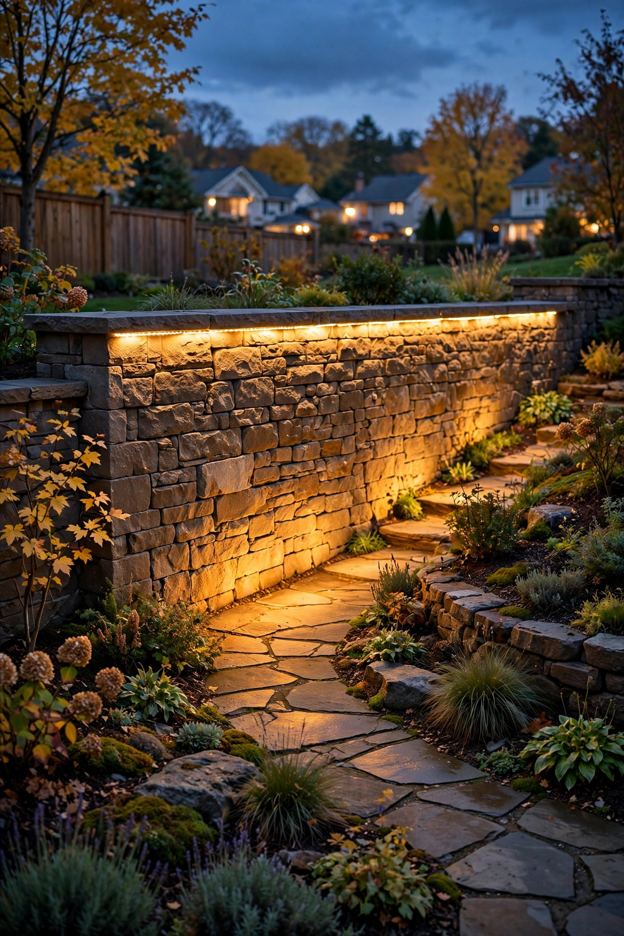 Rope light glowing under a retaining wall cap beside a walkway