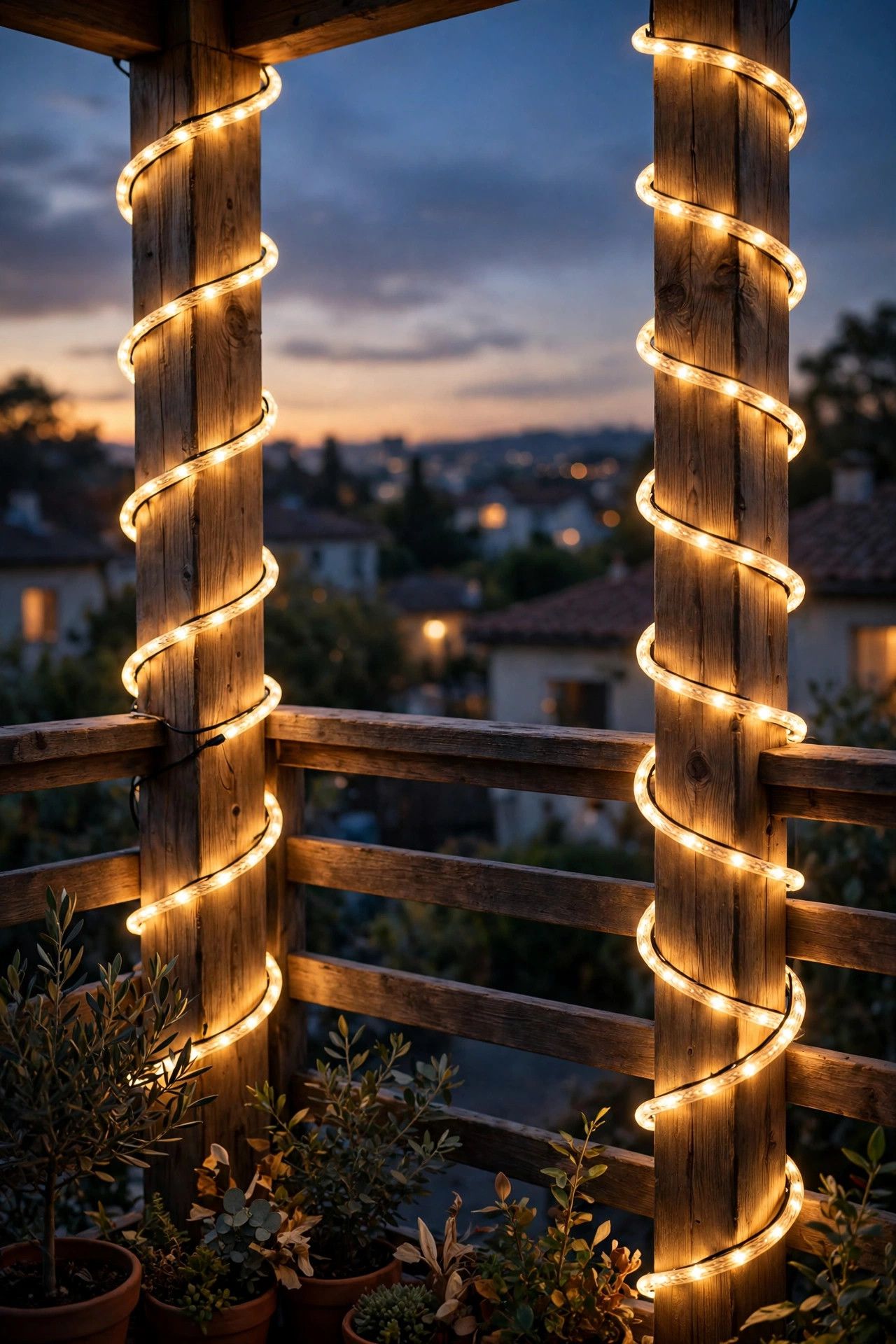 Warm rope light spiraled around the wooden corner posts of a balcony railing at night