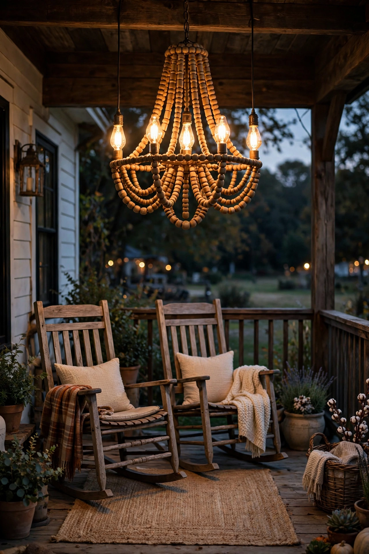 Wooden bead chandelier glowing warmly over a farmhouse porch seating area at night