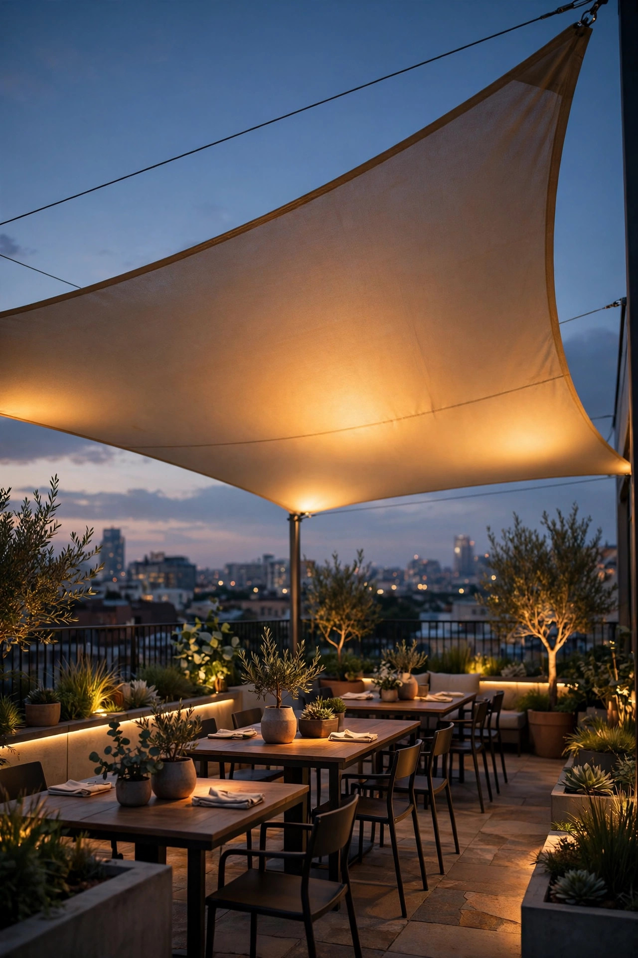 Rooftop shade sail glowing softly from uplights beneath it over evening seating
