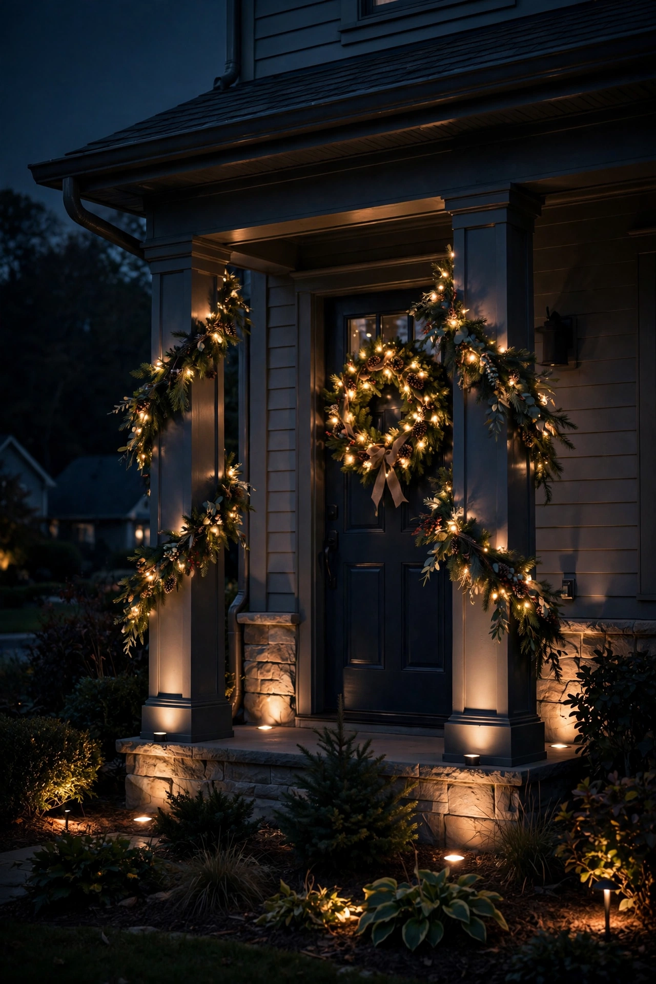 In ground well lights landscape spotlighting holiday decorations on a house facade at night