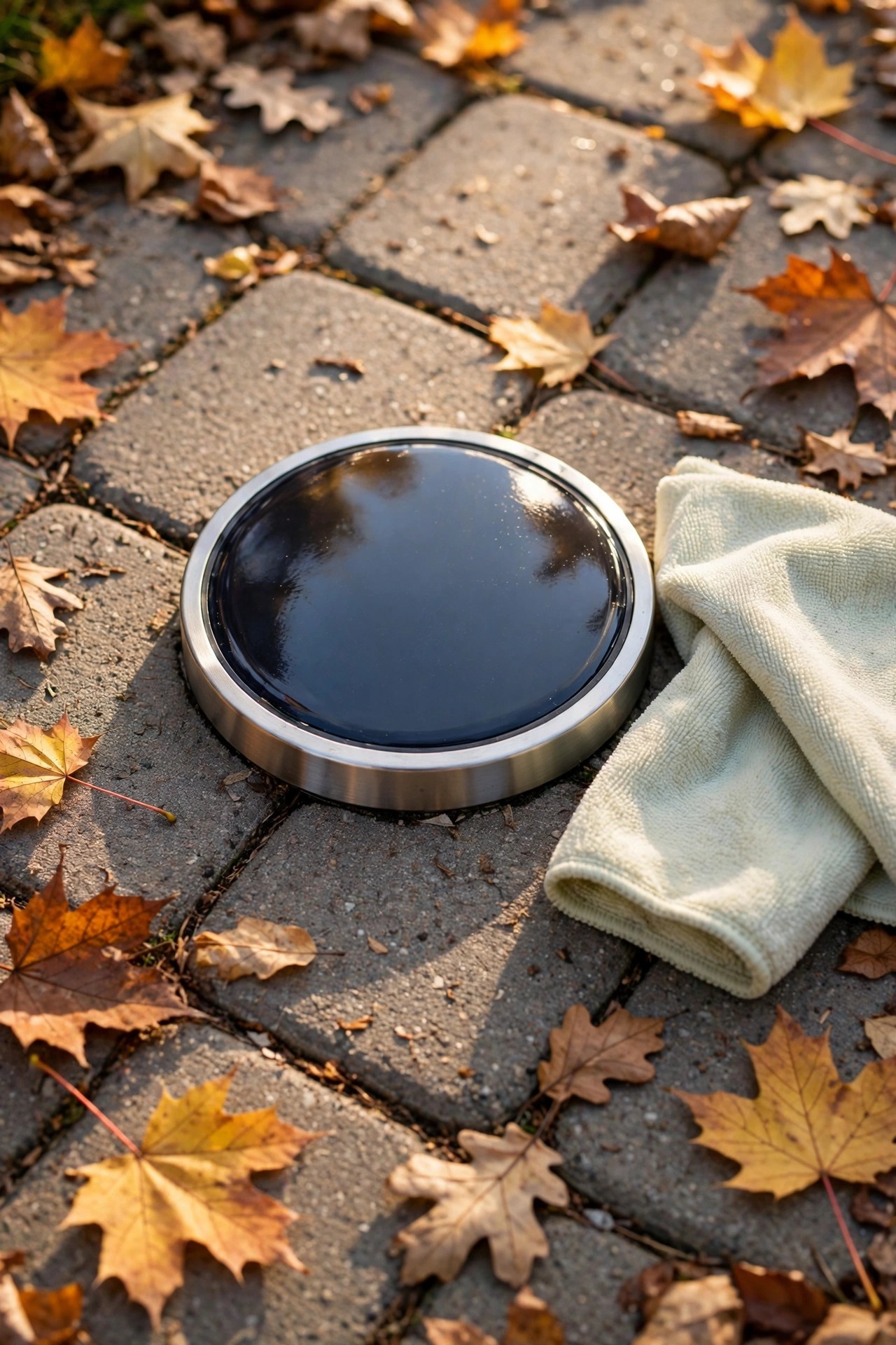 Homeowner wiping the solar panel of a driveway light clean on a bright autumn afternoon