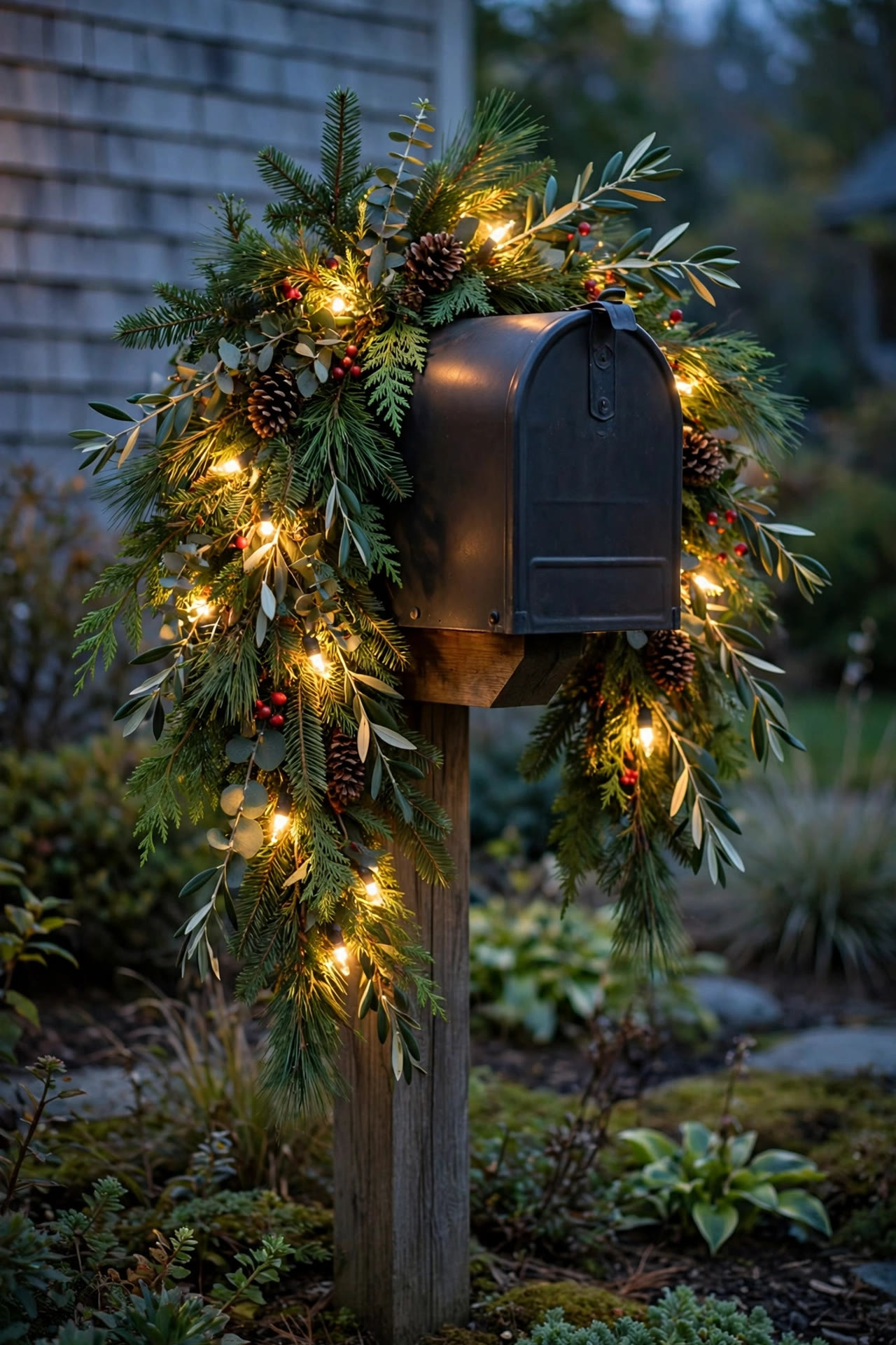 Mailbox dressed with a seasonal greenery swag and warm battery fairy lights at twilight