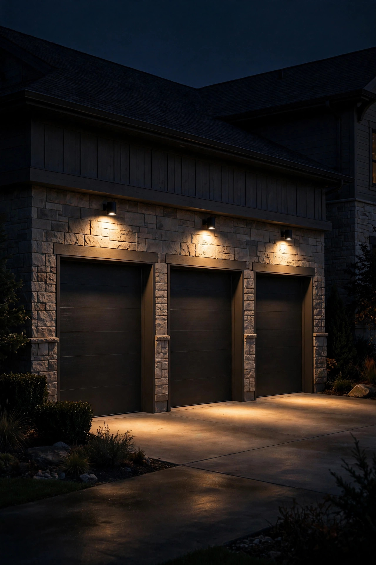 Shielded dark-sky garage fixtures casting warm light downward only onto the driveway at night