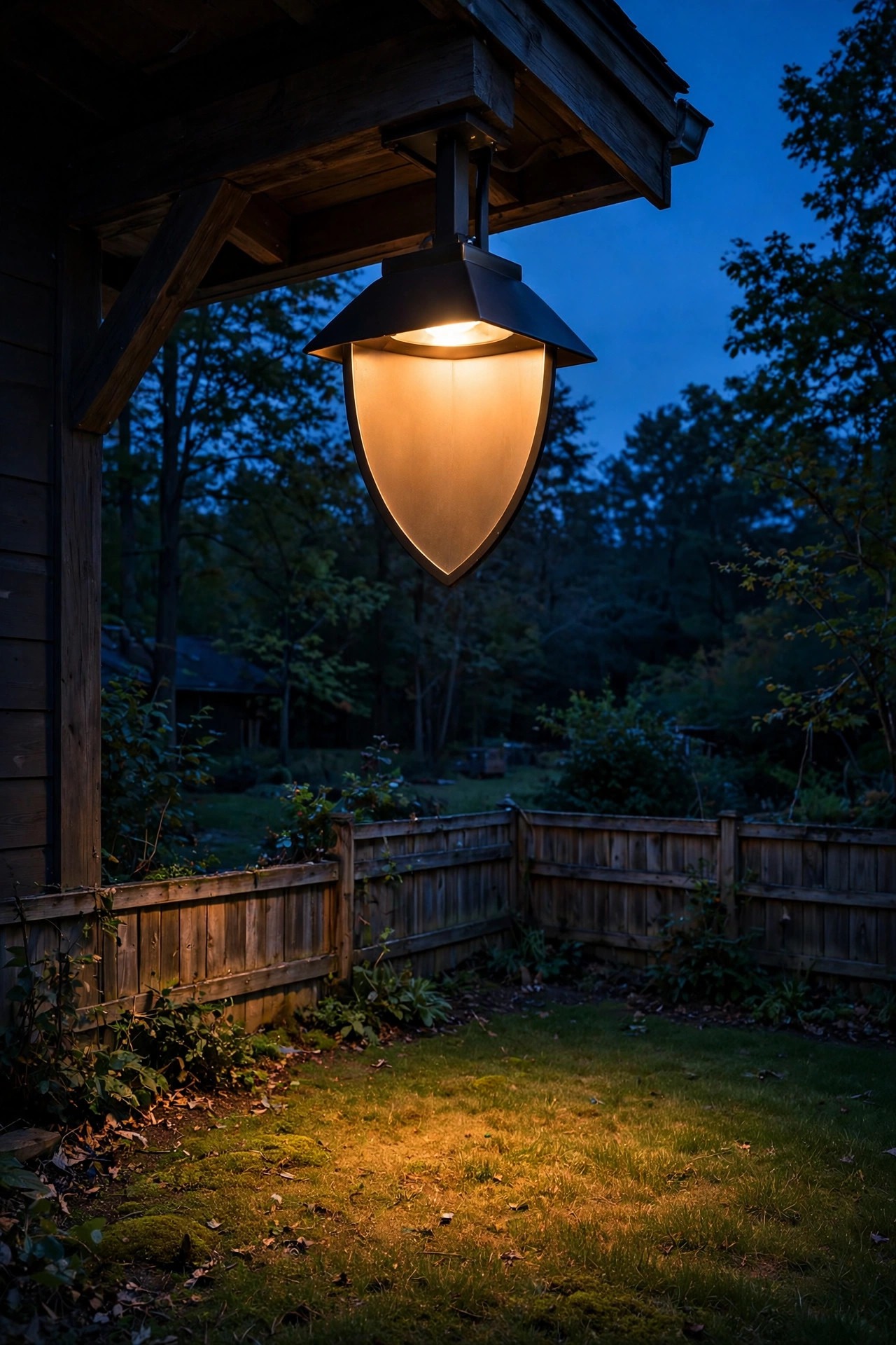 Hooded shielded backyard light aimed downward at dusk, warm light pooling on the lawn and stopping at the fence line