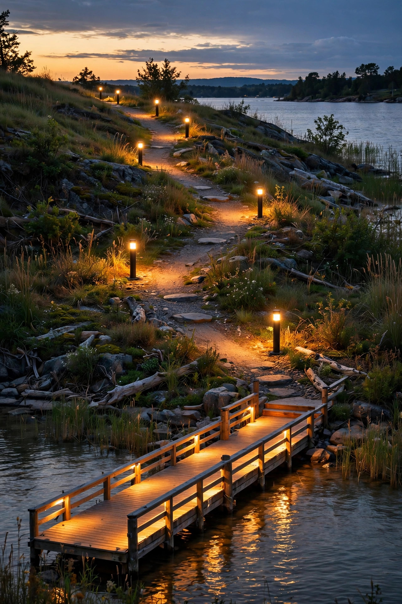 Low warm bollard lights lining a shoreline path at dusk leading down to a glowing wooden dock