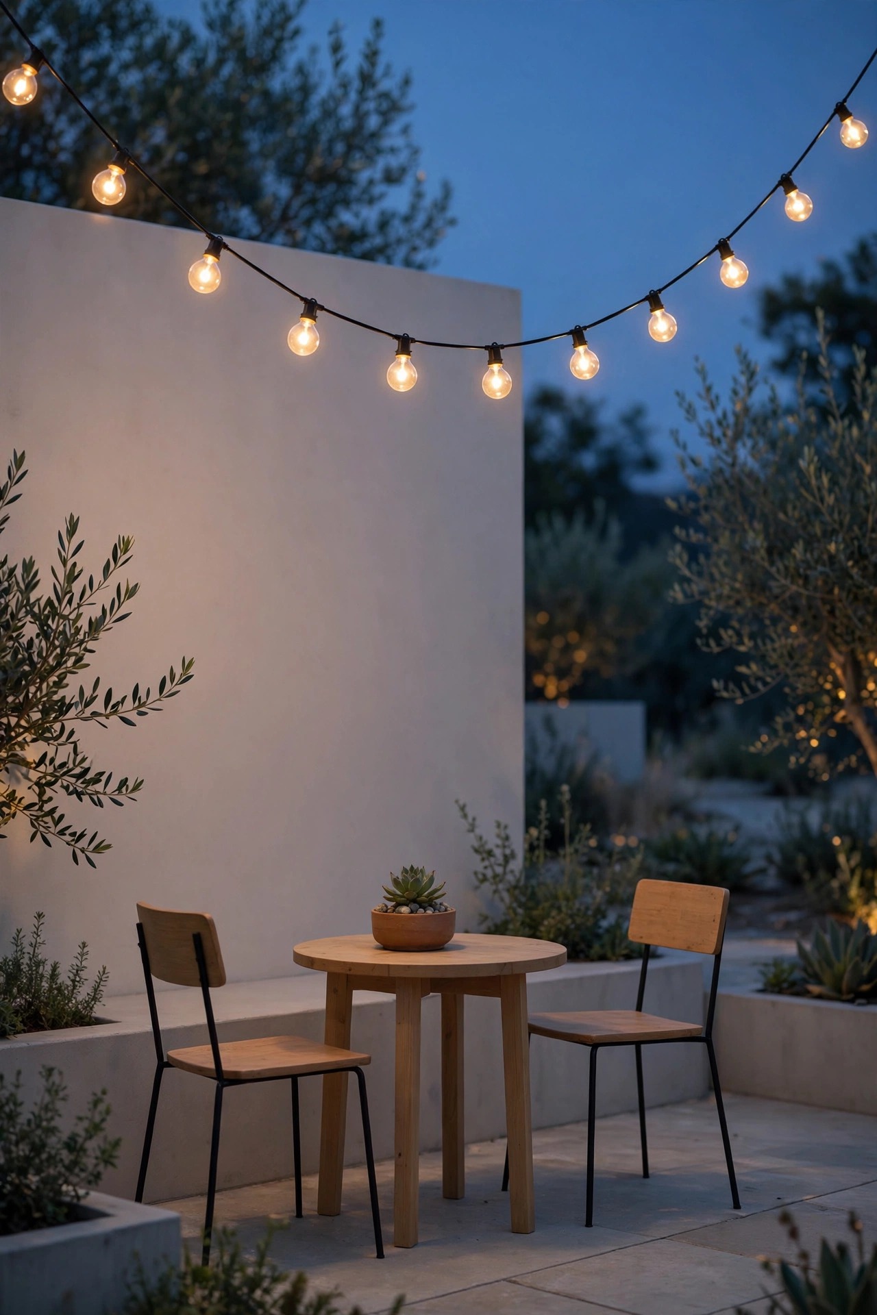 One single strand of warm cafe string lights in a gentle curve over a patio seating area at dusk, minimalist restraint