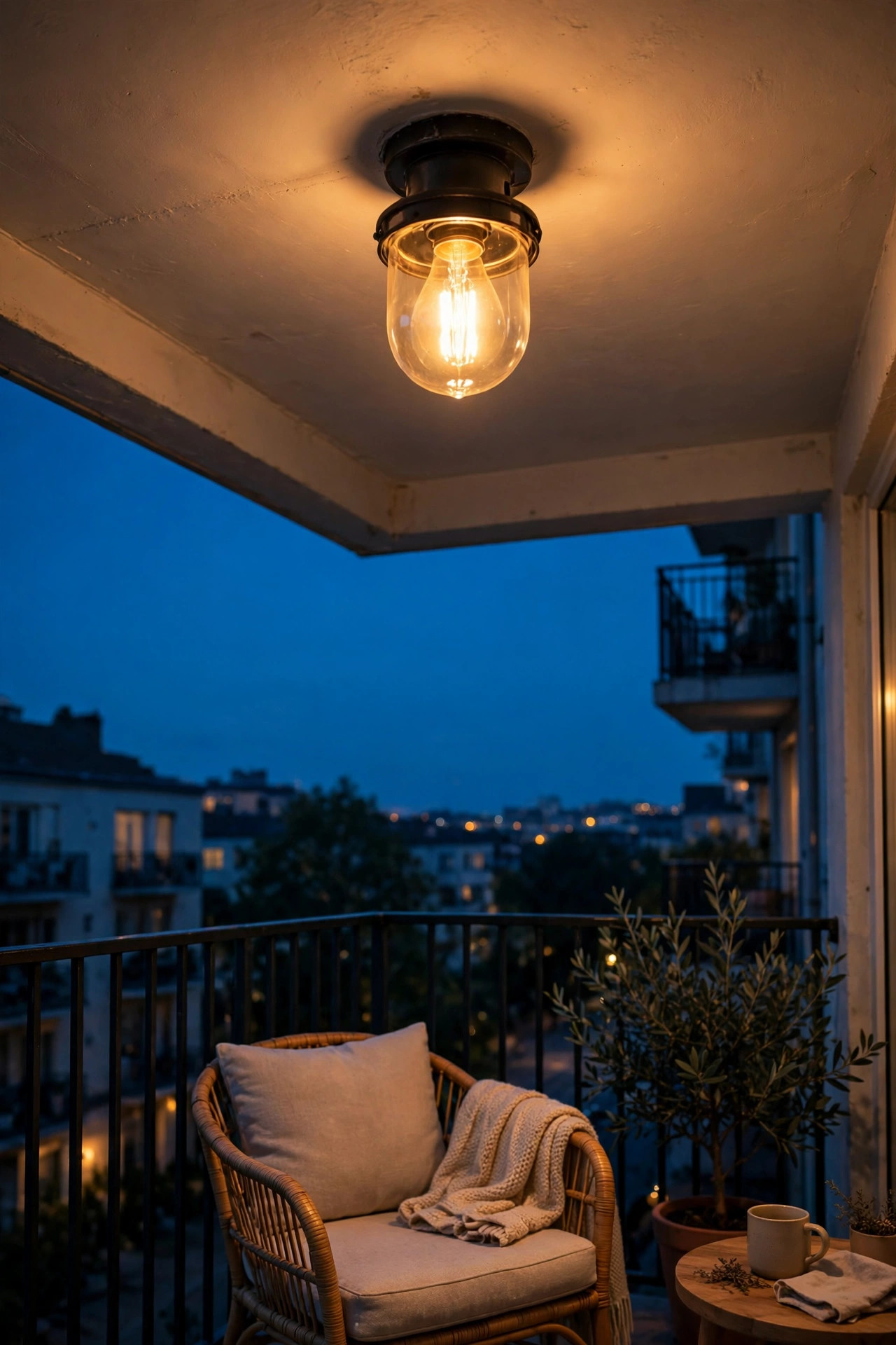 Warm dimmable bulb glowing in an existing apartment balcony ceiling fixture at dusk, cozy light over balcony seating
