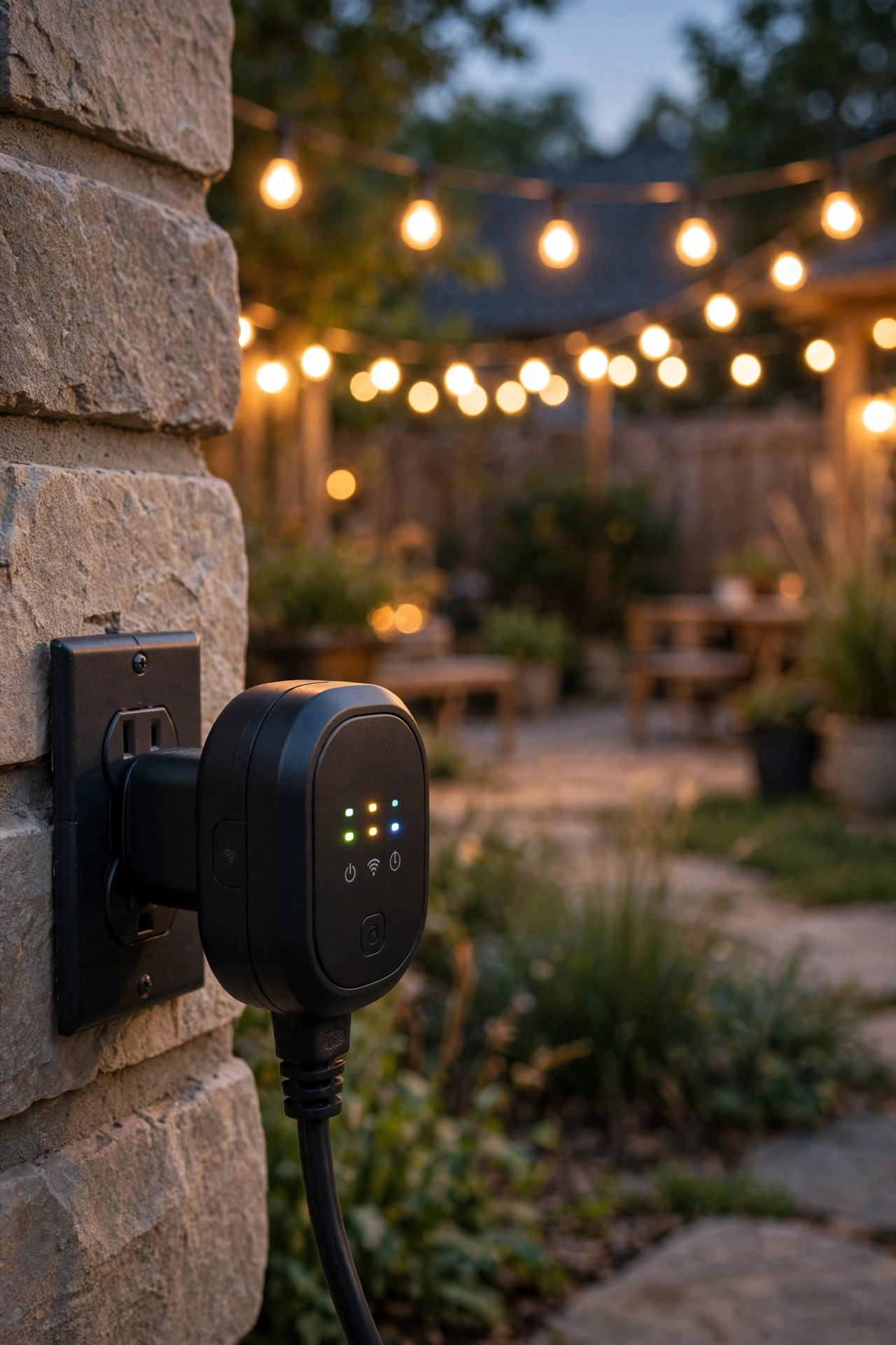 Outdoor smart plug timer on a patio outlet with string lights glowing across the yard behind it