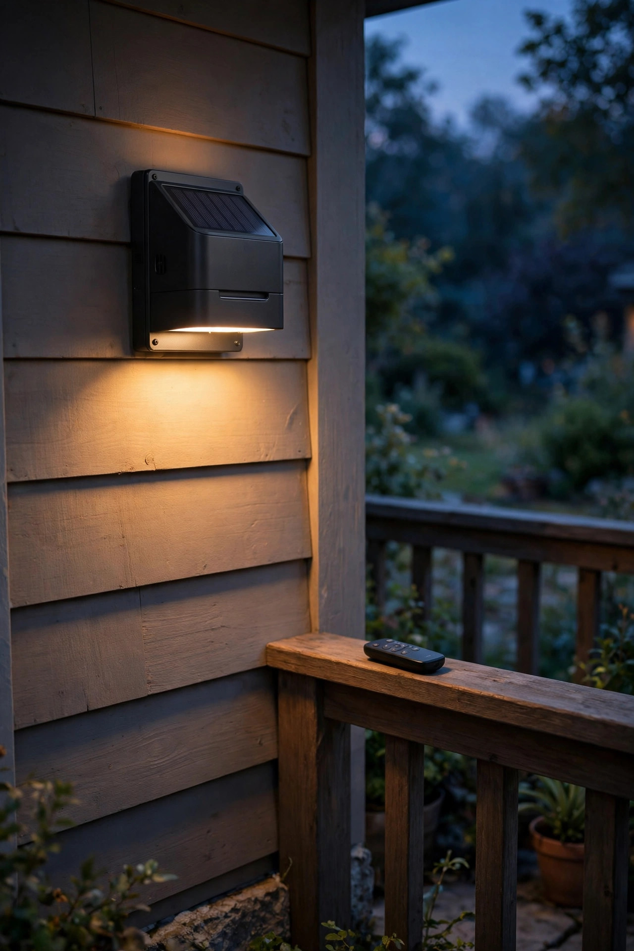 Smart solar wall sconce with remote control glowing warmly on a porch wall in the evening