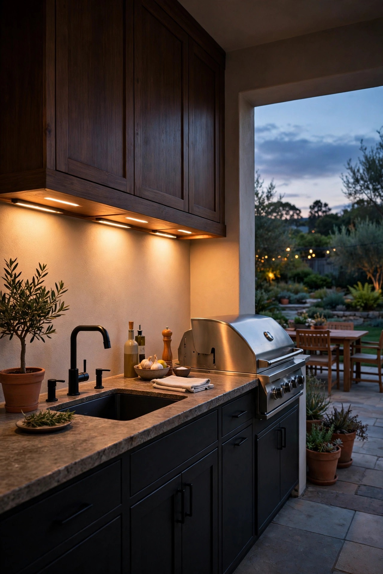 Outdoor kitchen under cabinet lights switched on automatically at dusk by a timer with the patio beyond