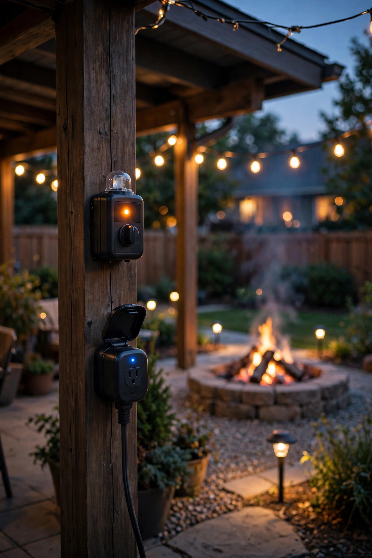 Outdoor smart plug and dusk-to-dawn timer controlling fire pit area lights