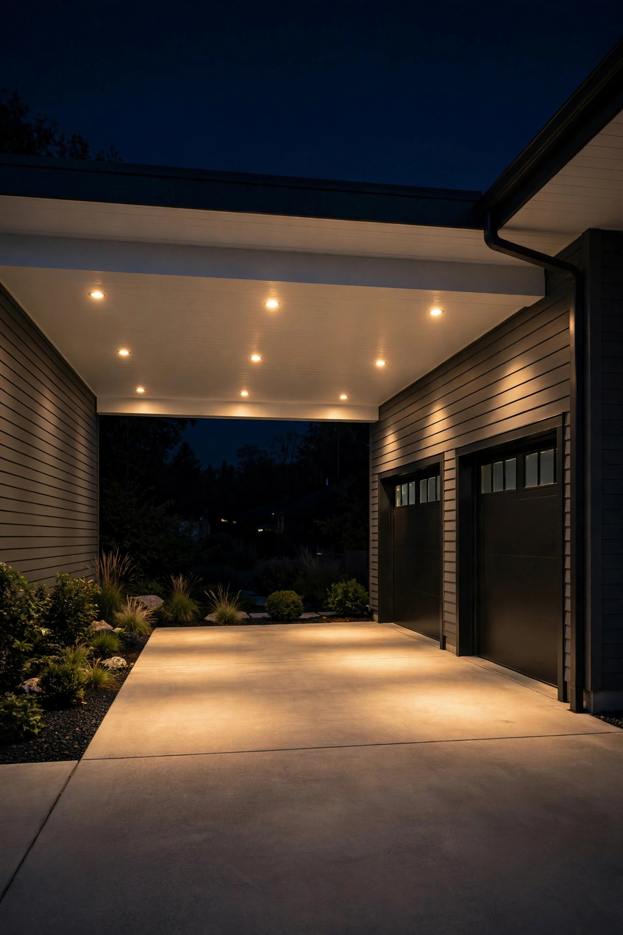 Recessed soffit downlights washing a driveway parking pad with warm light at night