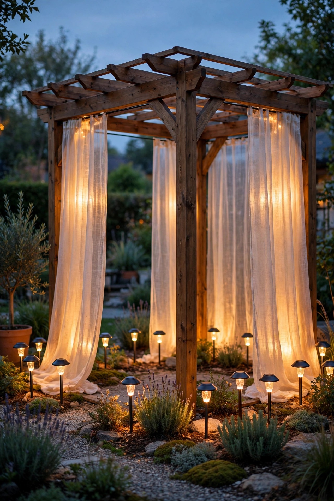 Solar stake lights ringing the outside of a pergola with glowing curtains