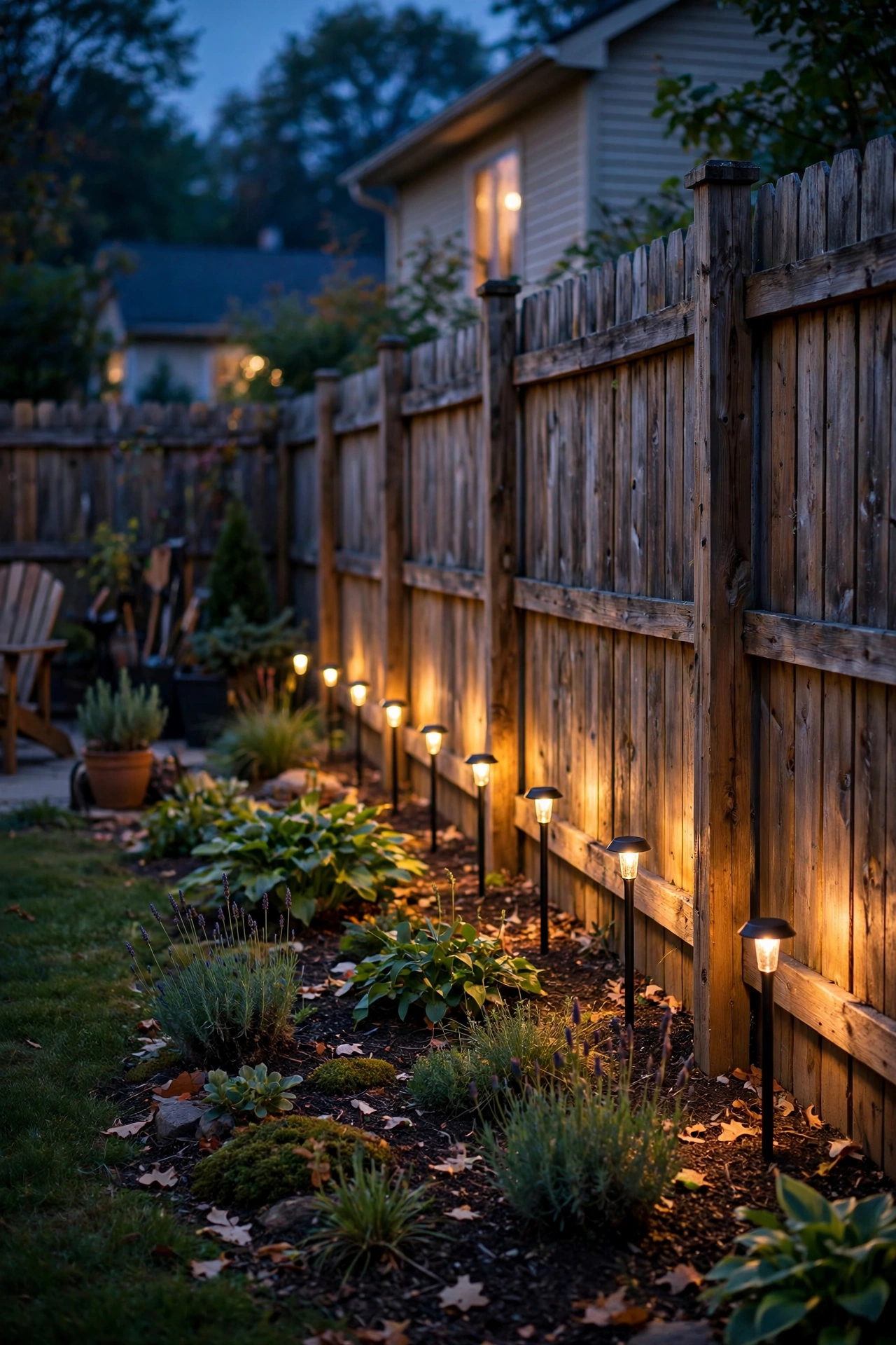 Warm stake lights lining the inside of a fence casting a soft glow at night
