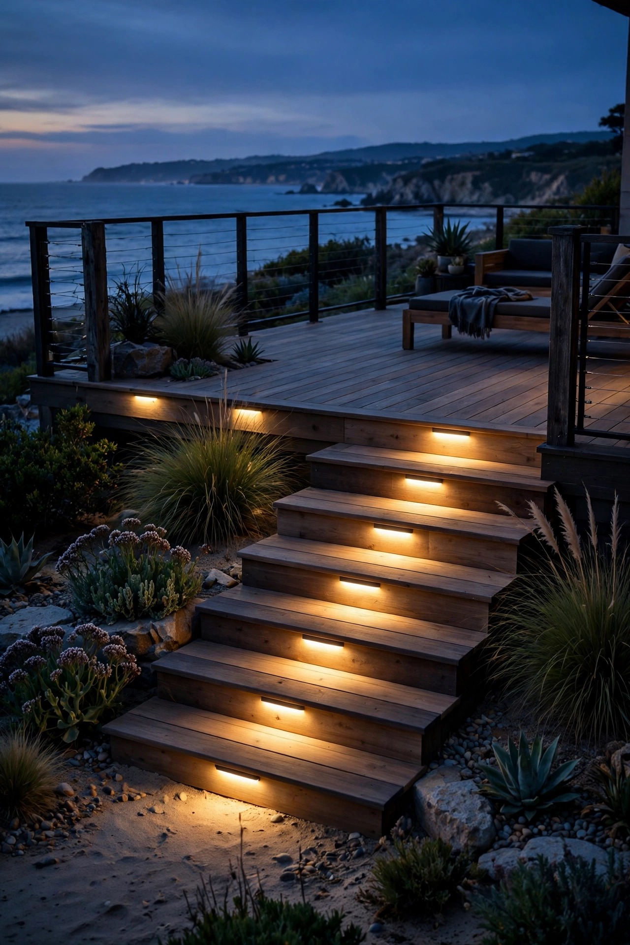 Warm step lights illuminating the edge of coastal patio deck steps at night
