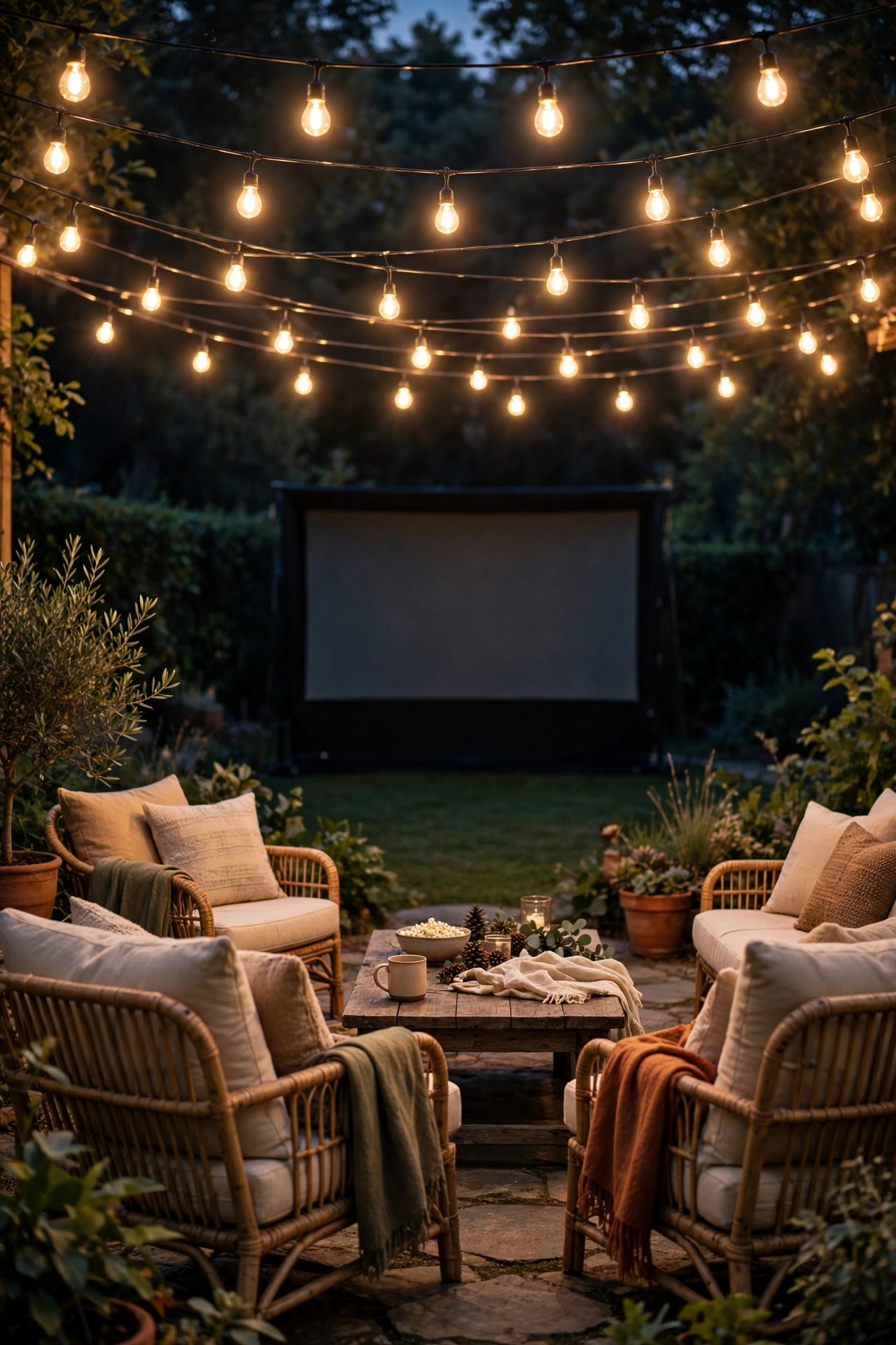 String light canopy glowing above backyard movie seating with the dark screen area visible beyond at night