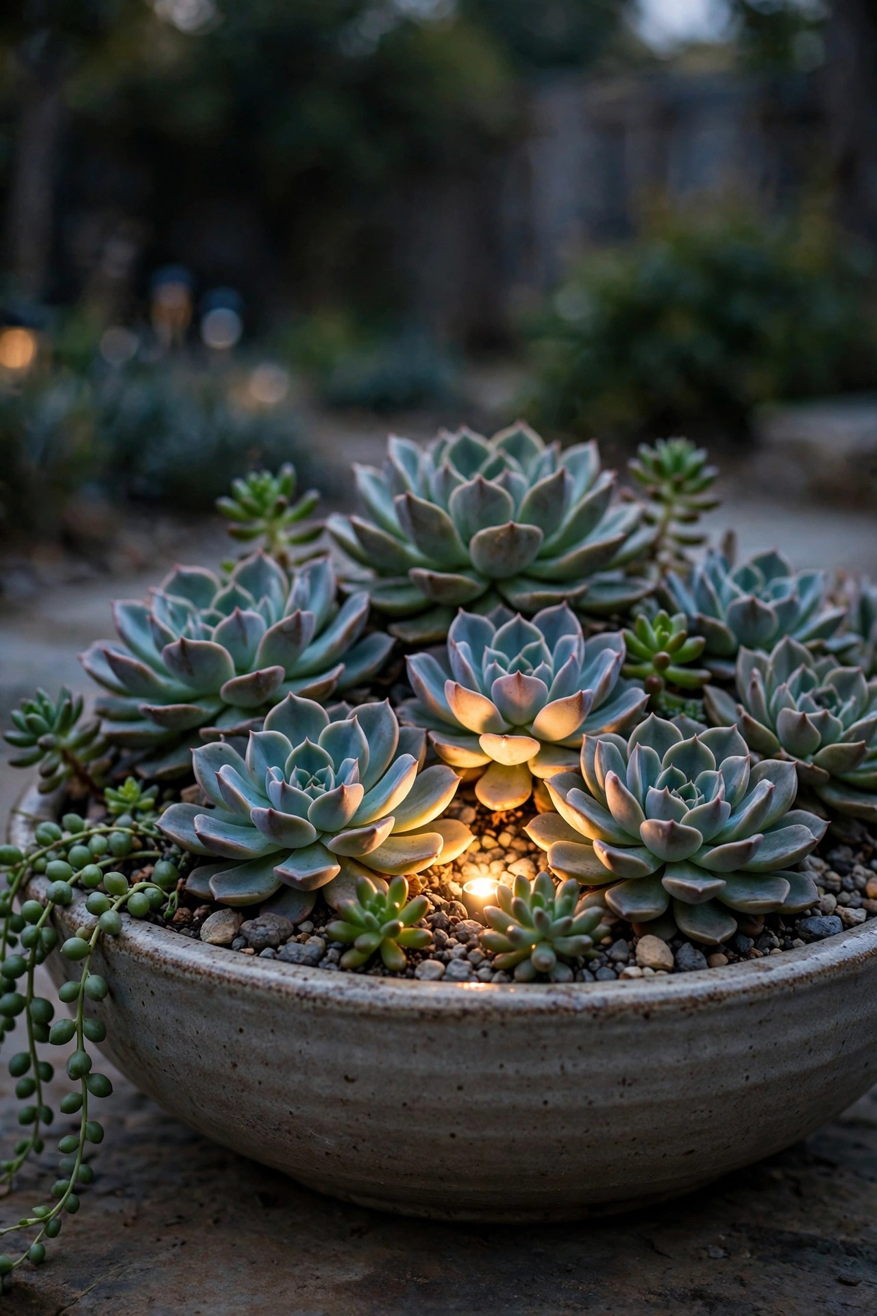 Shallow succulent planter bowl with a tiny uplight glowing between the rosettes at dusk