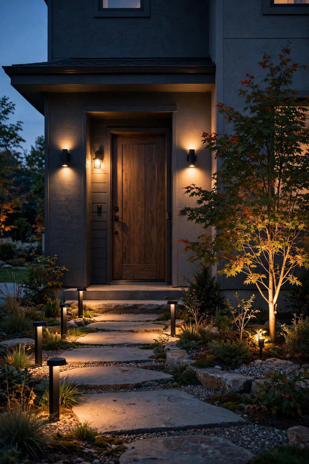 Three-layer front lighting design with path lights door sconces and a single uplight washing a small ornamental tree