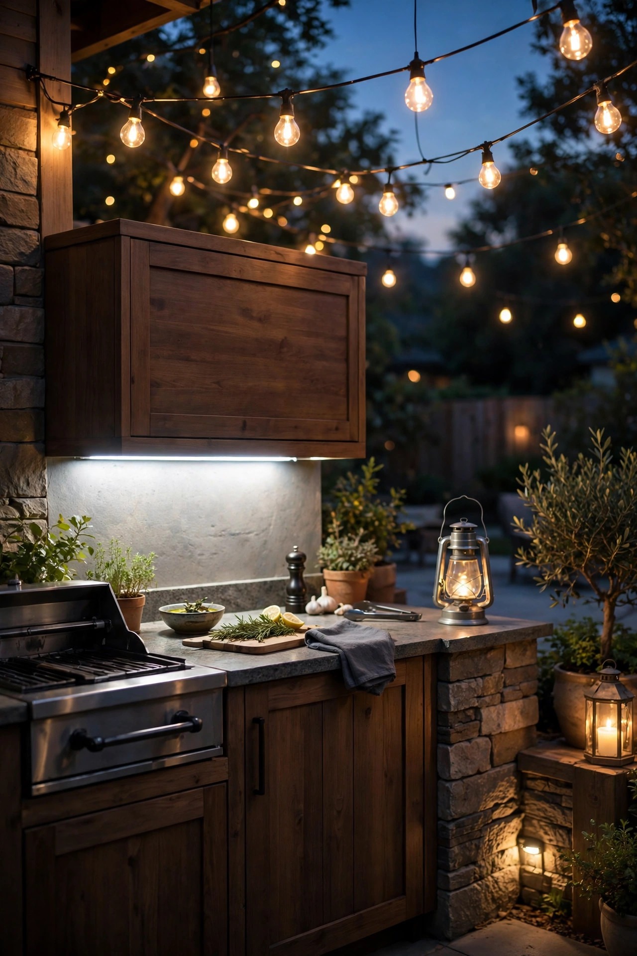 Compact outdoor kitchen at dusk showing layered task ambient and accent lighting together