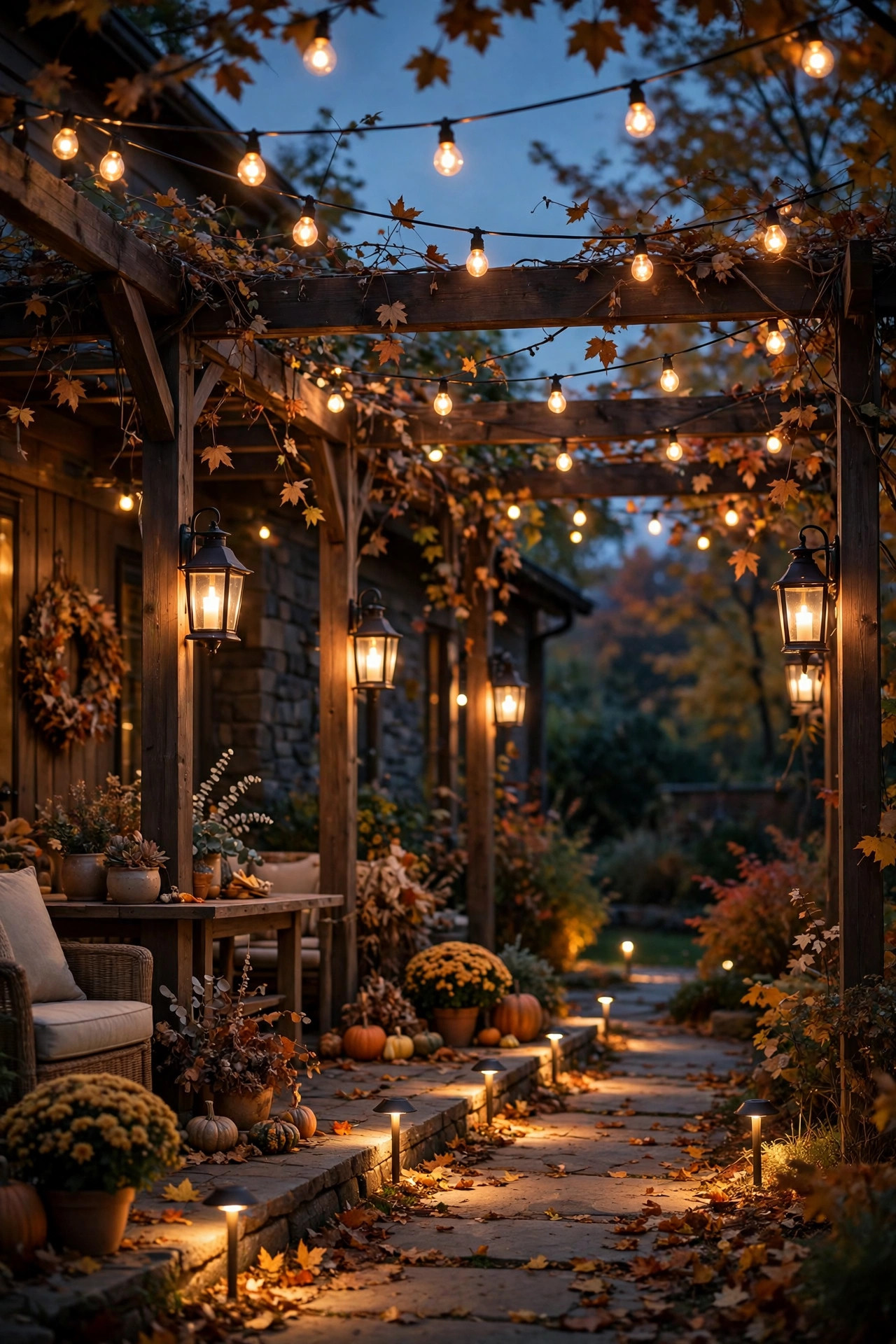Fall patio at dusk showing three layers of light with string lights overhead lanterns at eye level and path lights low to the ground