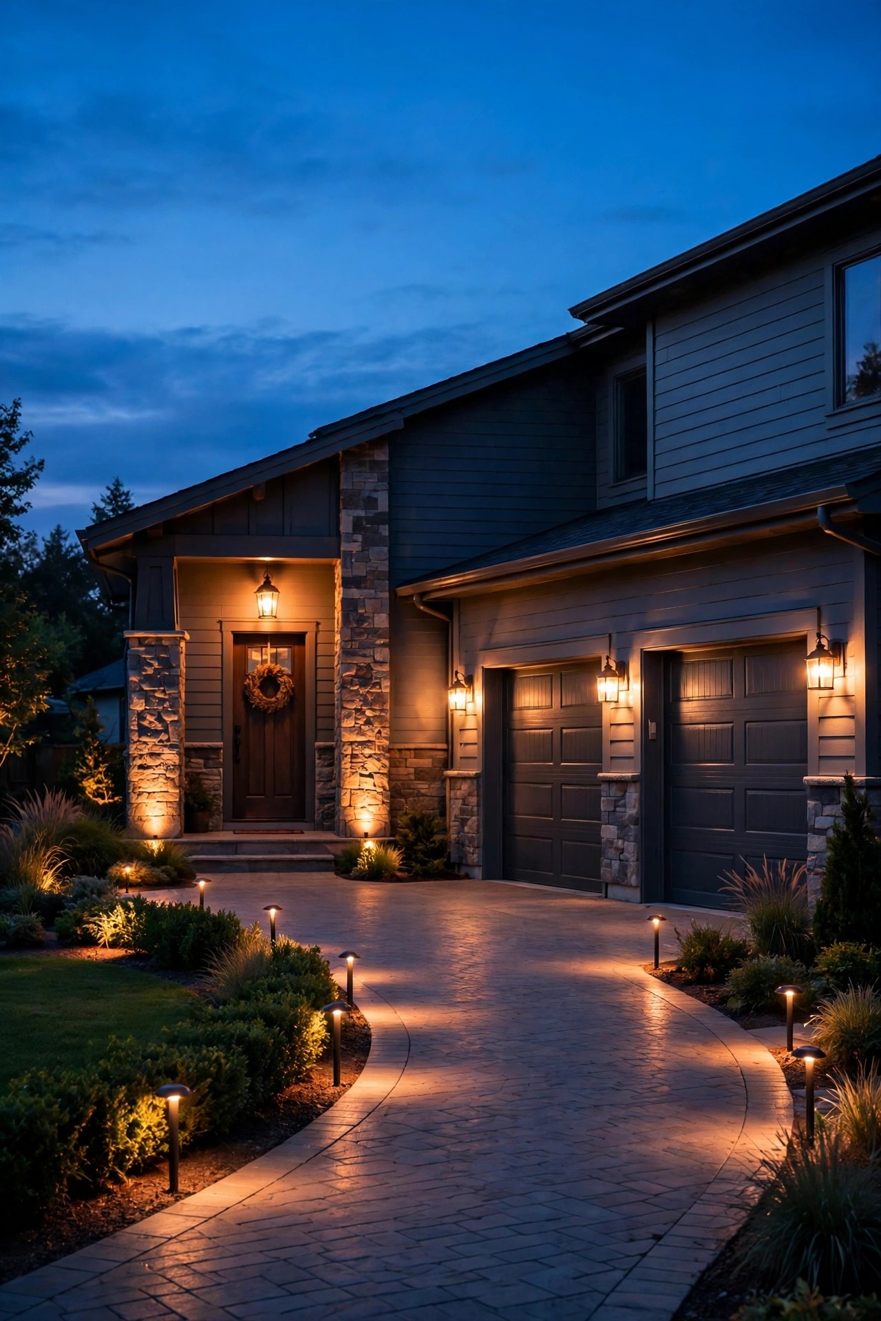 Driveway glowing in a warm guest welcome scene at dusk with every lighting layer lit softly