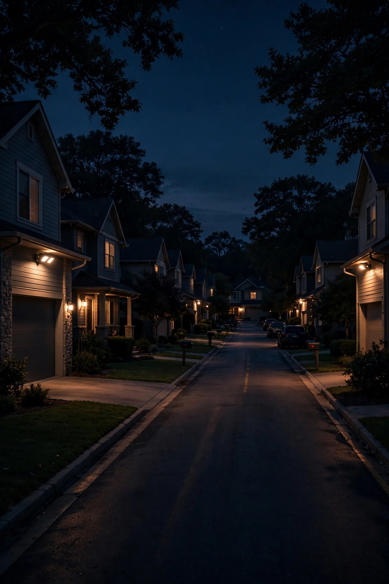 Quiet suburban street late at night with security flood lights dimmed to motion-only mode, houses dark and peaceful