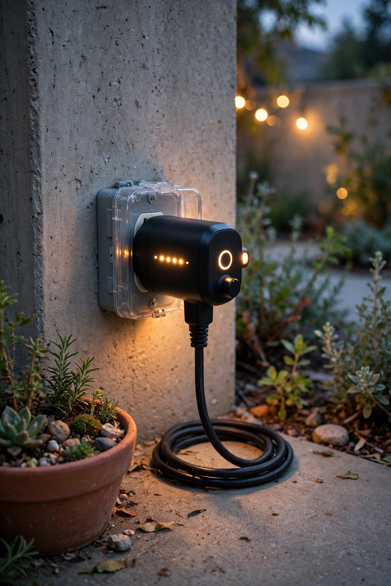 Outdoor smart plug and timer setup glowing softly beside a warm concrete patio at dusk