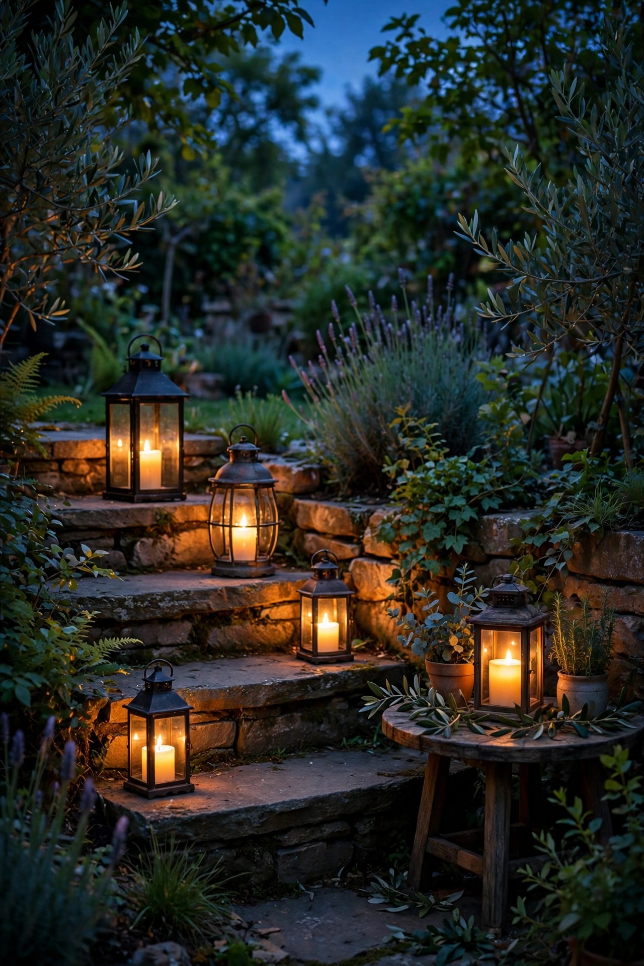 Timer flameless candle lanterns glowing on backyard steps and a patio table at dusk