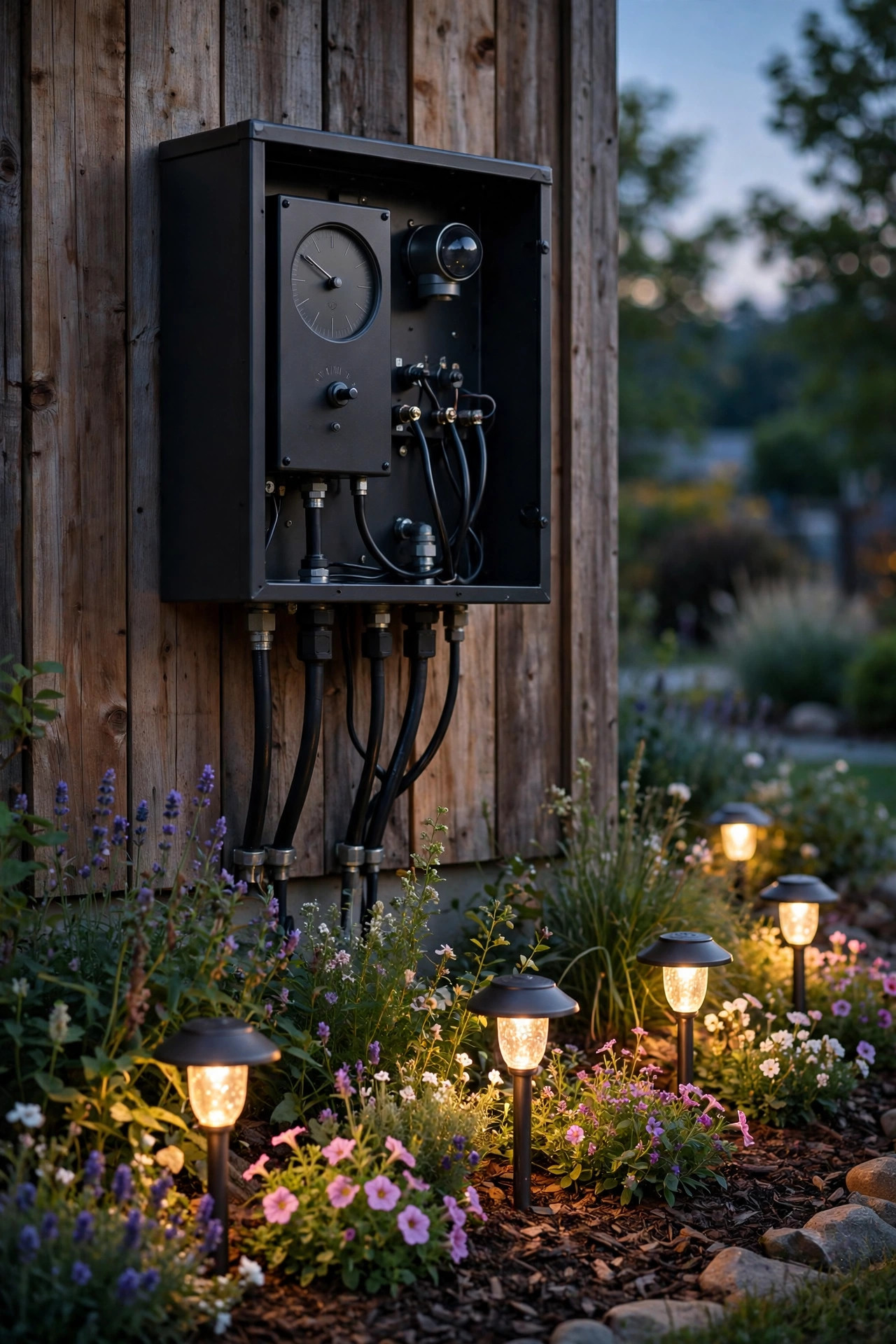 Landscape lighting transformer with timer and photocell controlling flower bed lights at dusk
