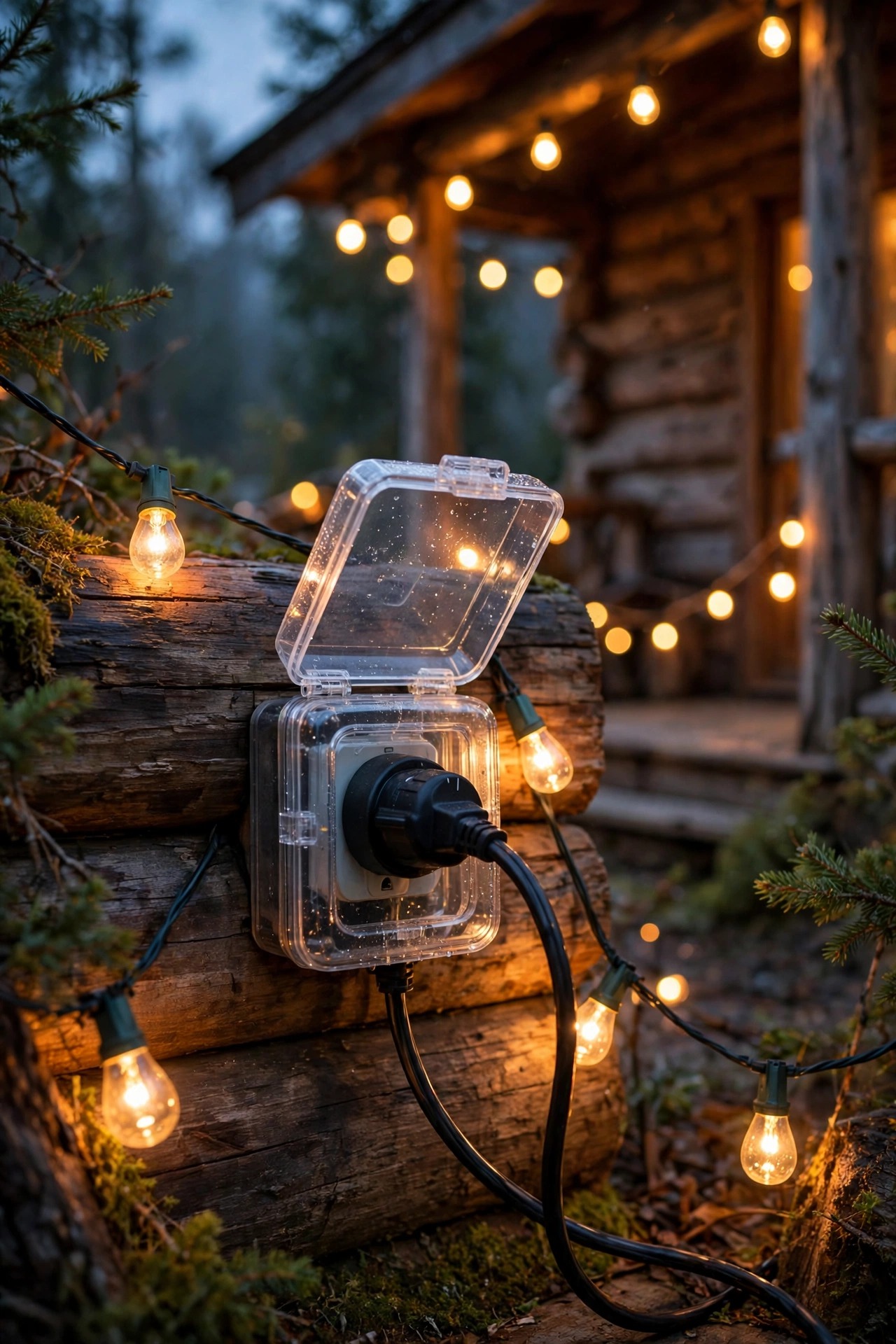 Outdoor timer plug in a weatherproof cover powering glowing cabin porch string lights at dusk