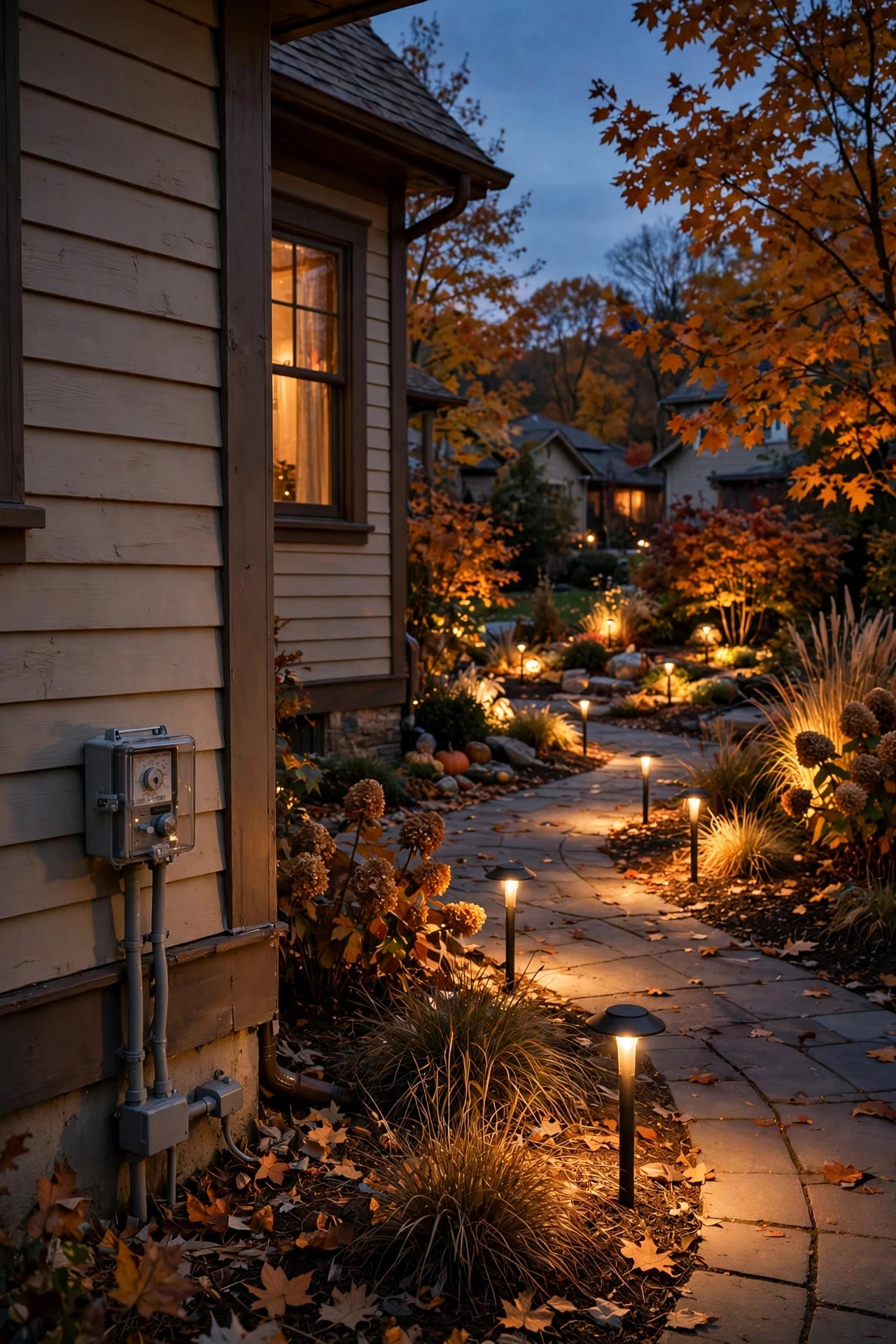 Outdoor timer and zoned pathway lighting glowing automatically at dusk in fall