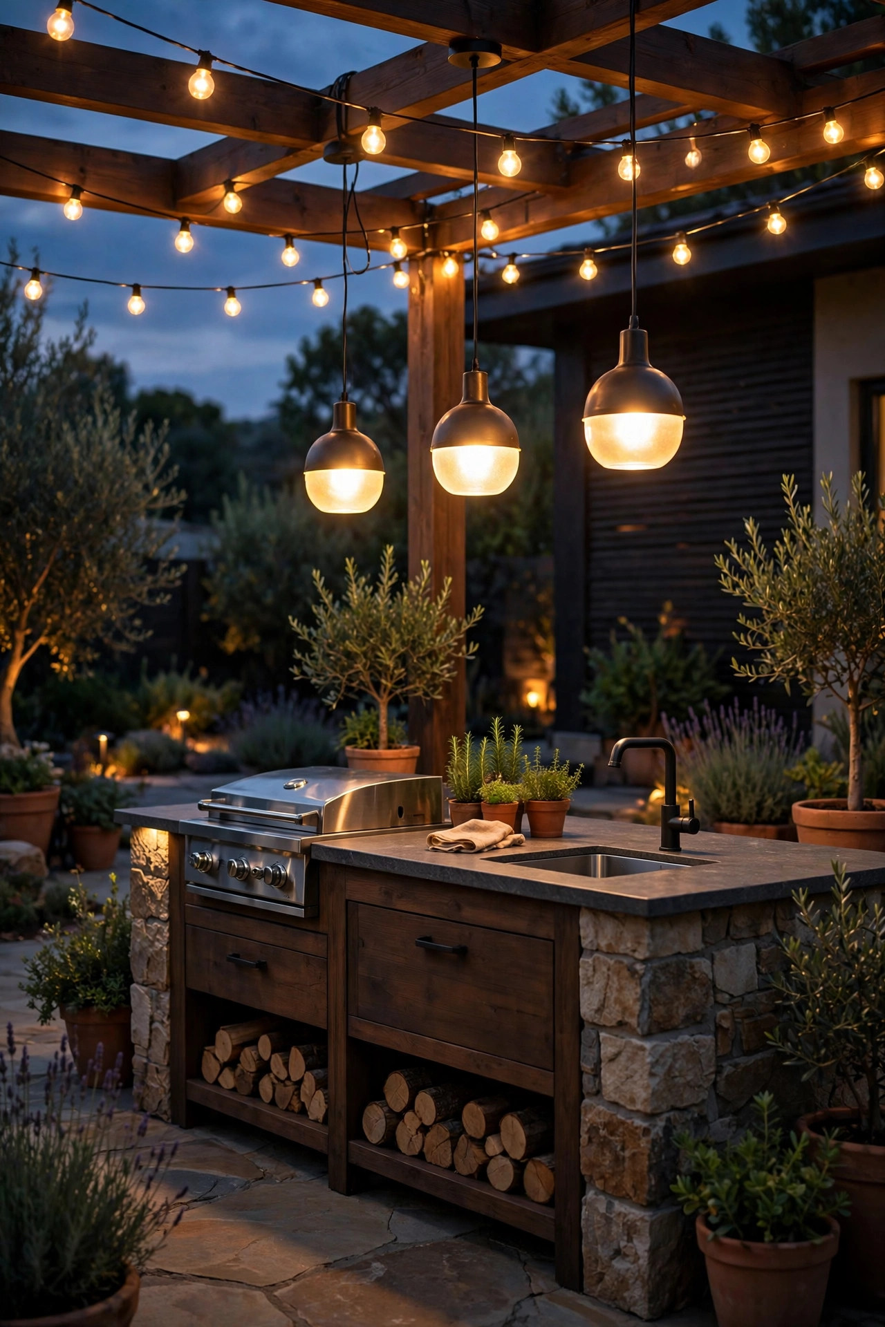 Outdoor kitchen island lighting glowing automatically at dusk with string lights and pendants on a timer