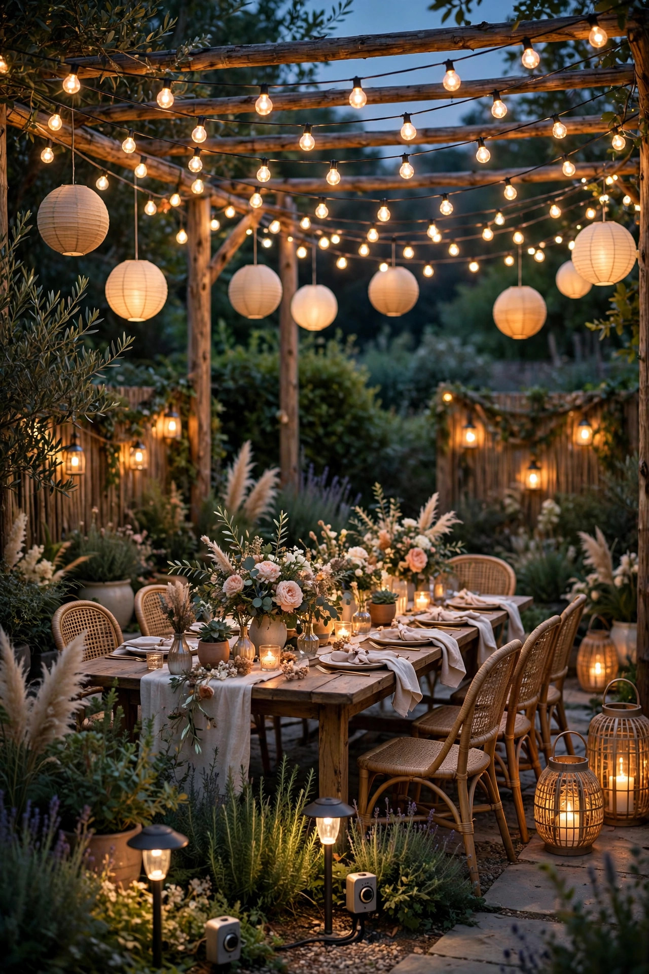 Fully layered outdoor bridal shower lighting glowing at dusk with string lights lanterns and garden lights on timers