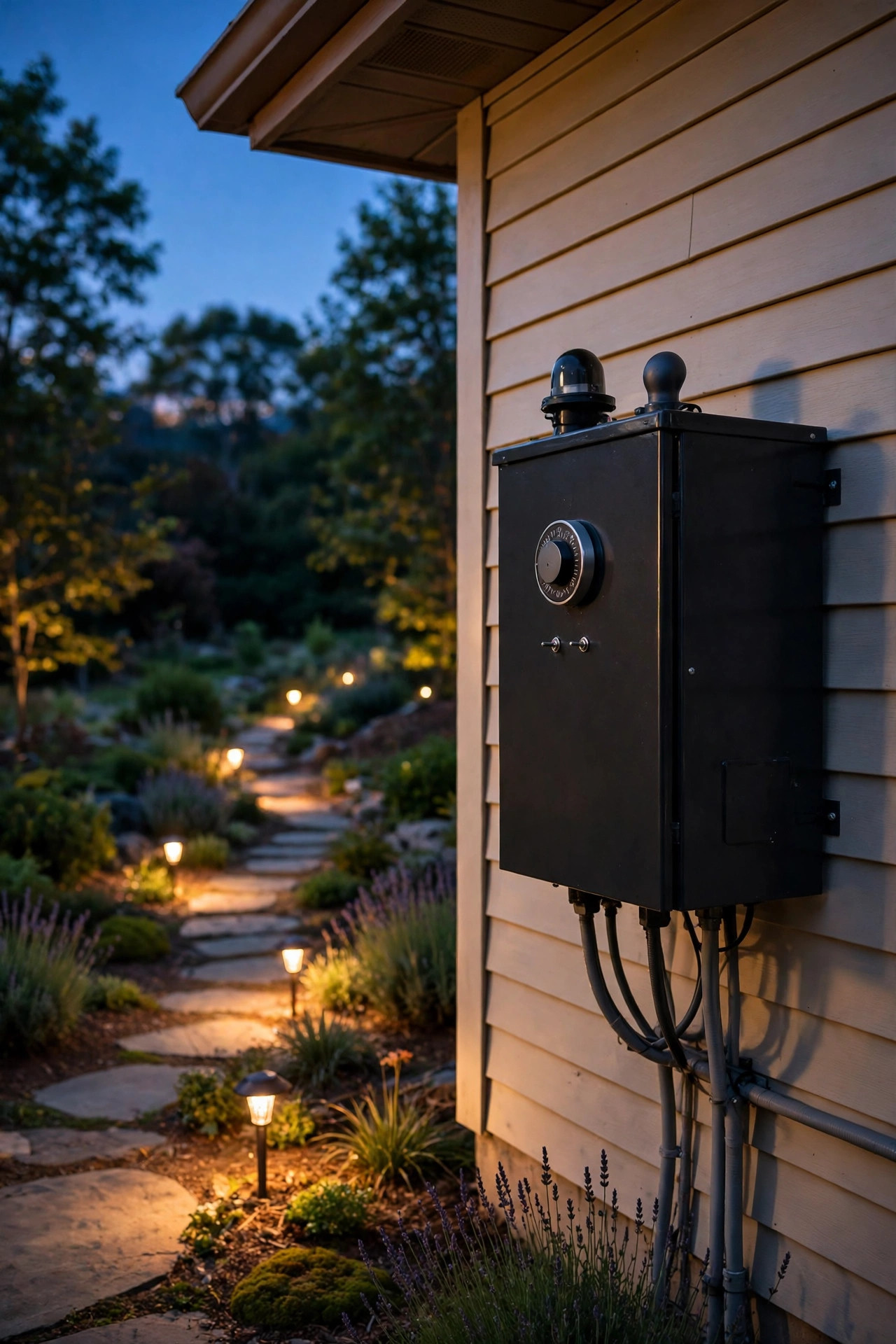 Outdoor timer and photocell control on a low-voltage transformer beside a house wall above a lit side yard path